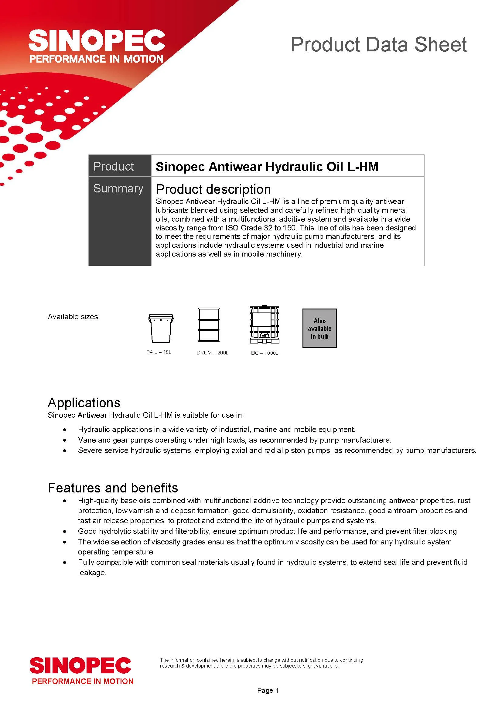 Sinopec AW 46 Hydraulic Oil Fluid (ISO VG 46, SAE 15) - 55 Gallon Drum