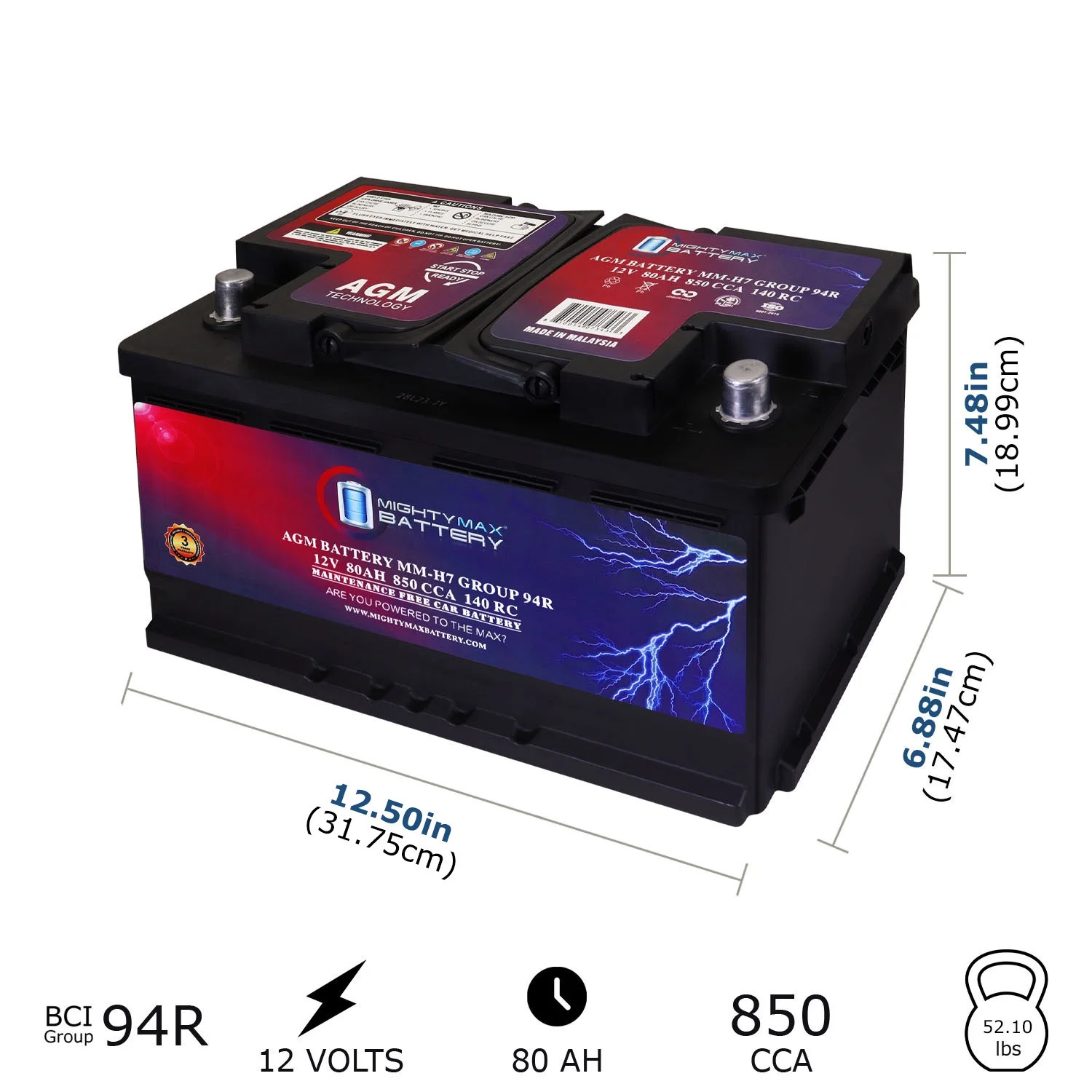 MM-H7 Group 94R 12V 80AH 140RC 850 CCA Replacement Battery Compatible with BMW 323i 06-11