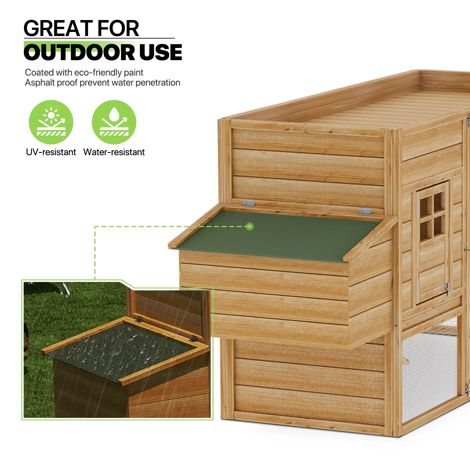 Magshion Outdoor Chicken Coop with Nesting Box, Outdoor Hen Run House with Slide-Out Tray and Sliding Door, Weatherproof Poultry Cage, Rabbit Hutch, Wood Duck House (Natural)