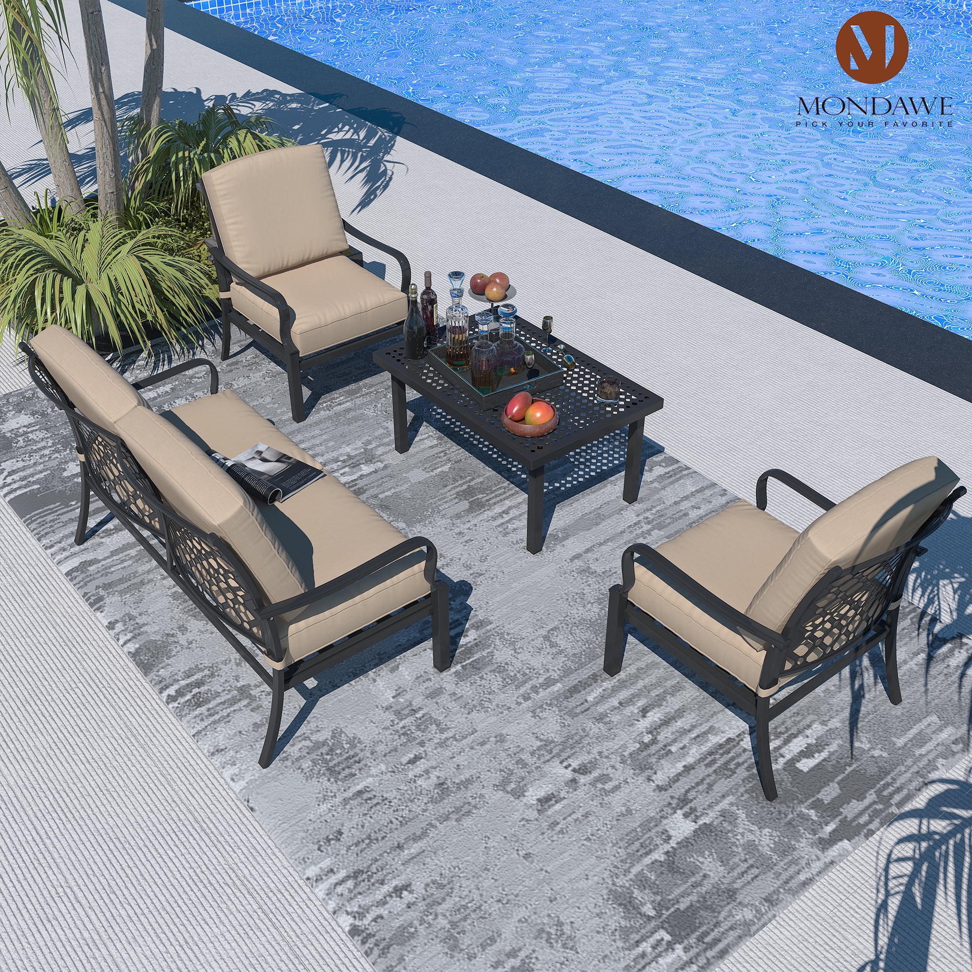 Mondawe 5 Pieces Steel Outdoor Patio Conversation Deep Seating Set, Sofa and Lounge Chairs with Cushions and 1 Coffee Table