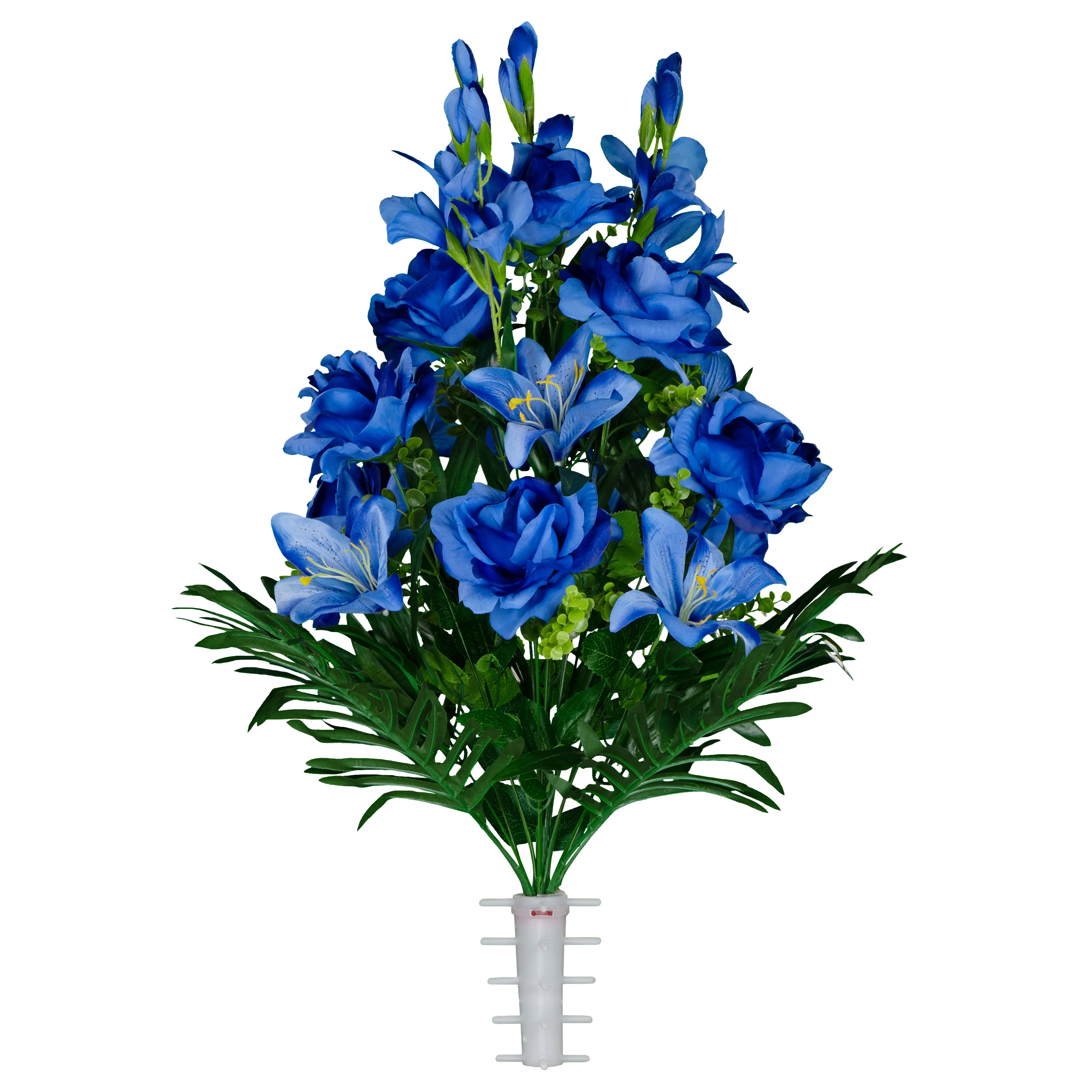 Sympathy Silks Artificial Cemetery Flowers Blue Gladiolus Rose and Lily Bouquet for Vase
