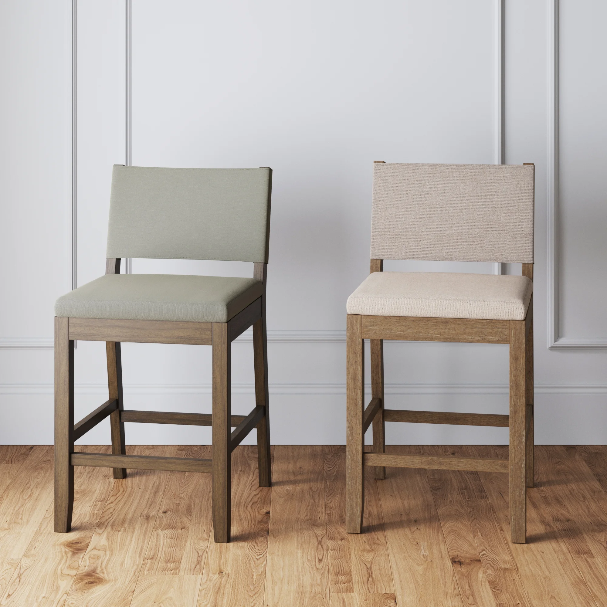 Nathan James Linus Modern Upholstered Counter Height Bar Stool with Back and Solid Rubberwood Legs in a Wire-Brushed BrownFinish, Light Grey/Brown