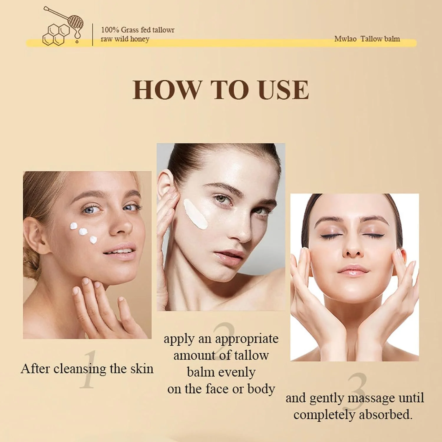 ZUANYETD Beef Tallow Creme für Die Hautpflege, Rinderhalsbalsam, 100% Faltenverteidigung Tallow Balm, Grass Fed Tallow Raw Wild Honey, Gesicht und Körper Gepeitschte Feuchtigkeitscreme