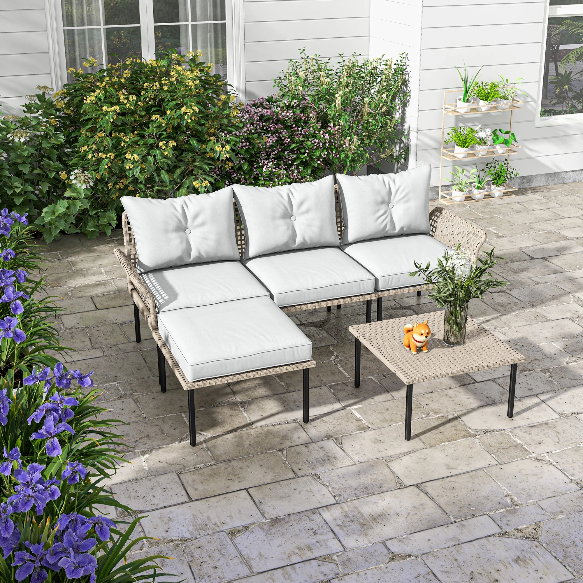 Outsunny 5 PCs Patio Furniture Set with Sofa, Chaise Lounge, Table, Cream