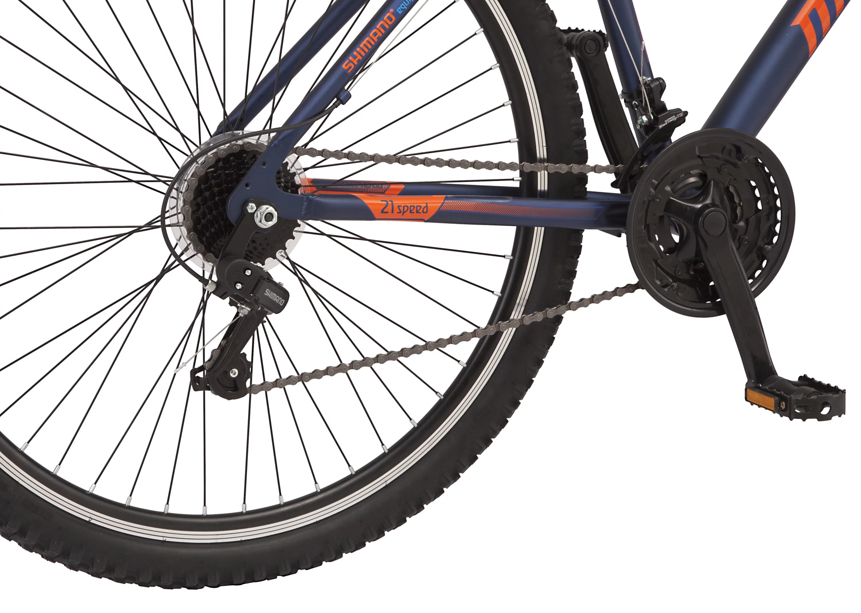 Mongoose Exhibit Mountain Bike, 29-inch wheels, 21 speeds, blue