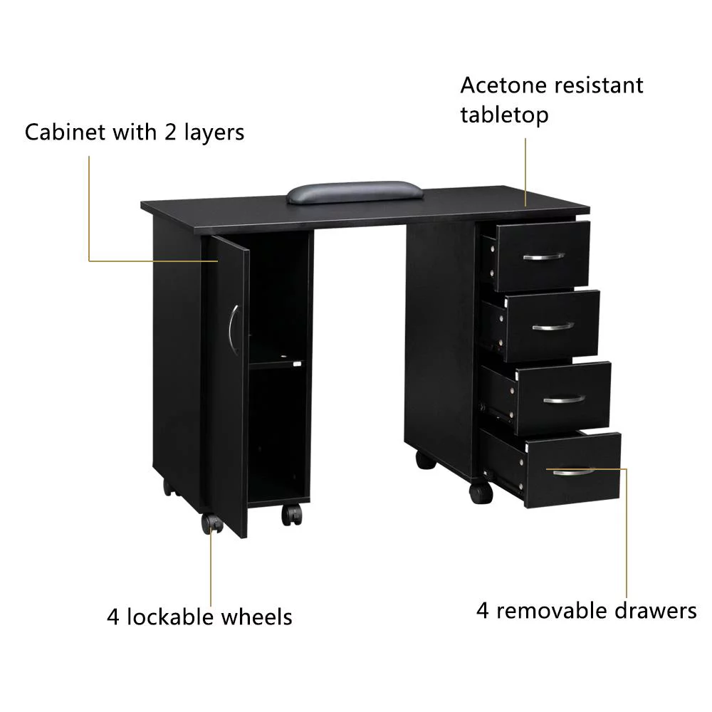 Winado Manicure Nail Table Beauty Salon Station Desk Black with Wheels