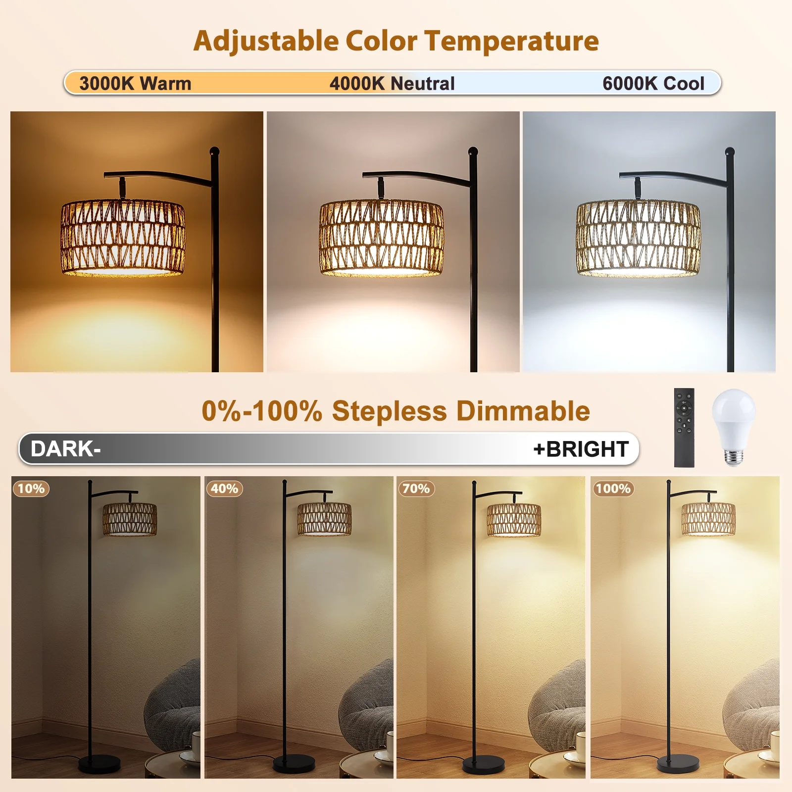 Rattan Floor Lamps, Arc Floor Lamp with Remote, Dimmable Rattan Floor Lamp with LED Bulb, Boho Farmhouse Tall Pole Lamp with Rattan & Fabric Shades, Modern Black Standing Lamps for Living Room Bedroom