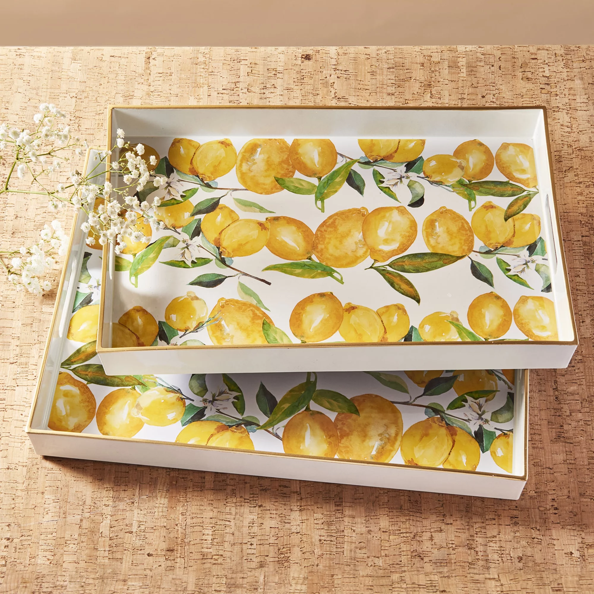 American Atelier, Lemon Branches Polypropylene Rectangular Serving Tray with Handles, Set of 2