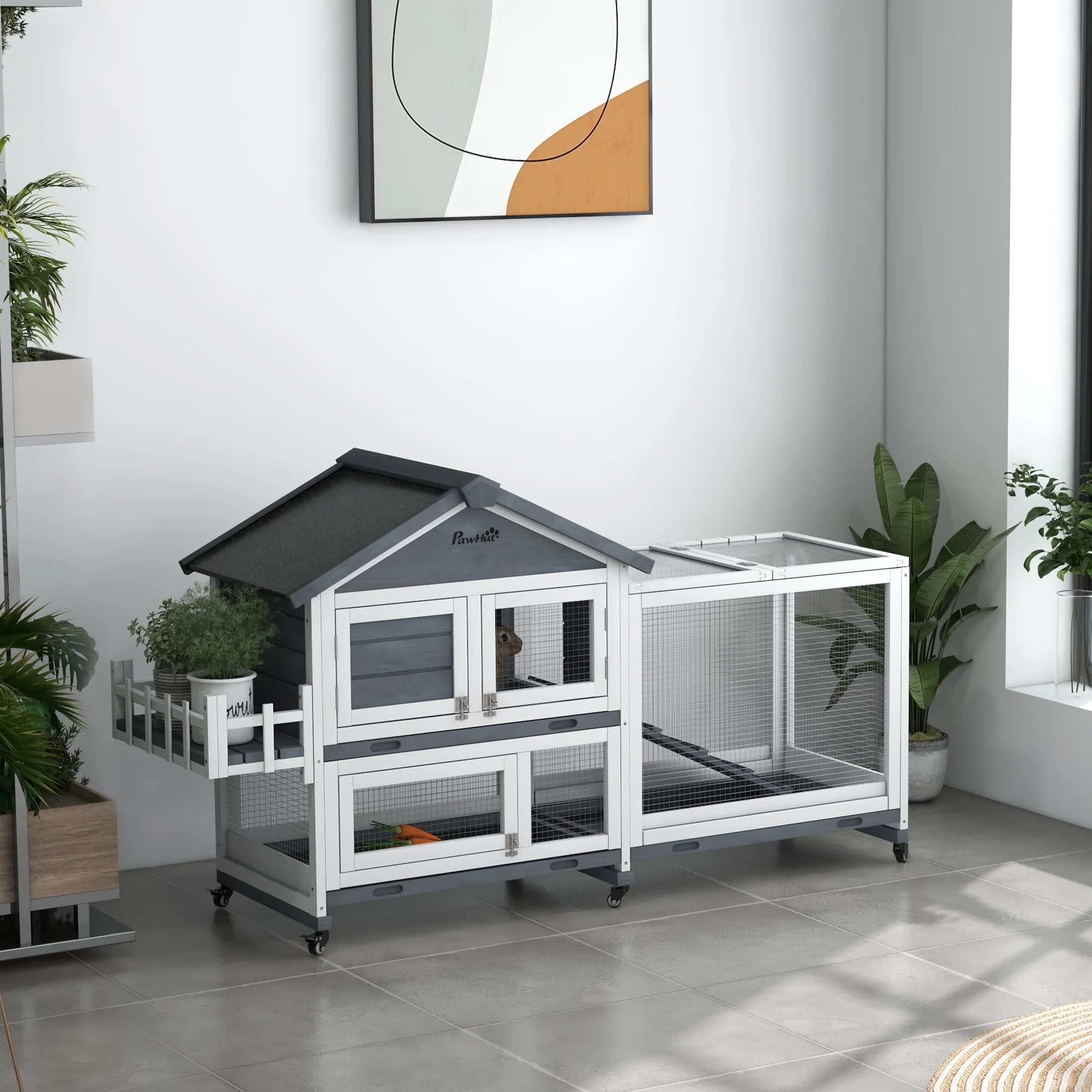 PawHut Wooden Rabbit Hutch with Wheels, Openable Roof, Storage Box, Gray