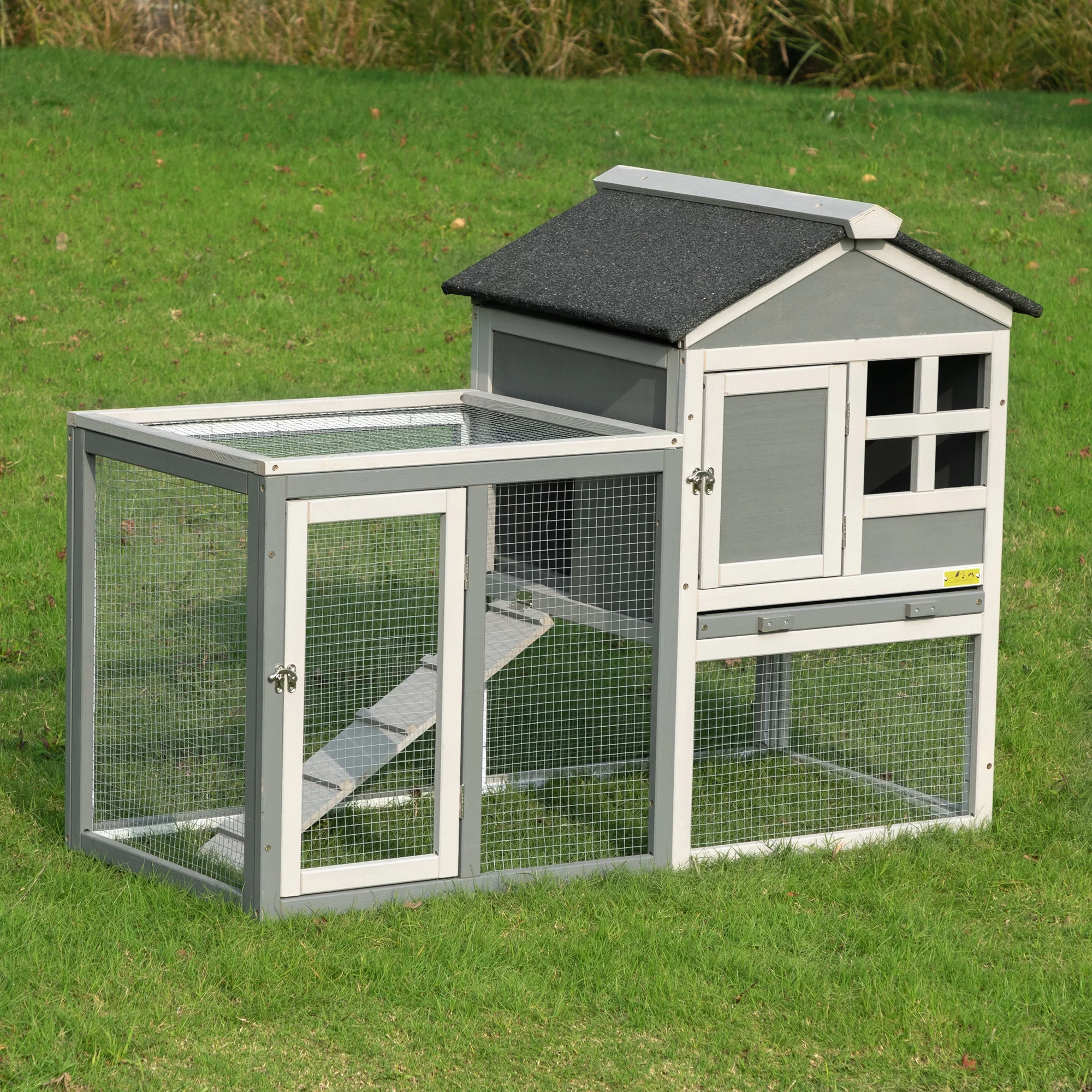 Coziwow Wooden Rabbit Hutch Small Animal Cage Guinea Pig Coop W/ Openable Roof, Gray