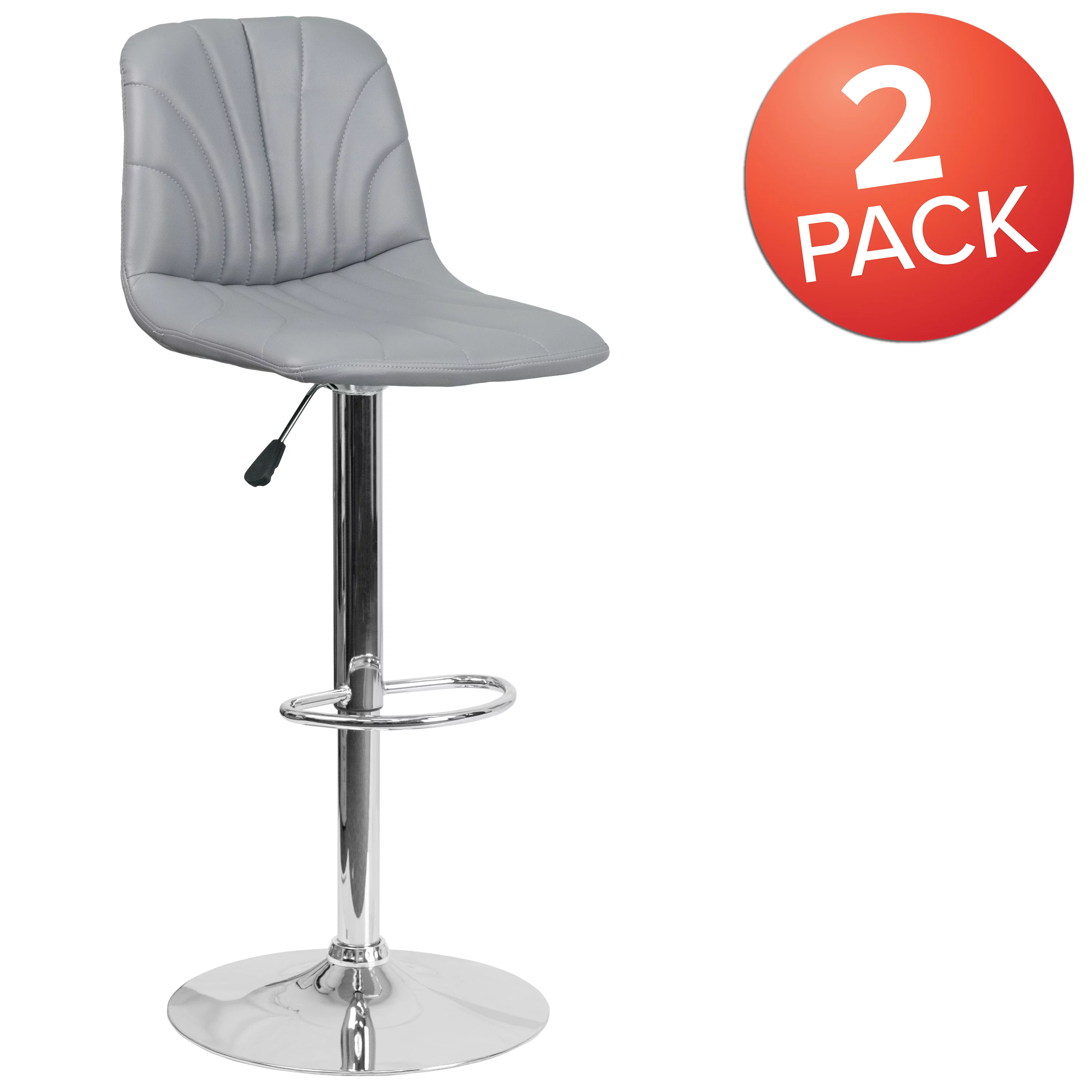 Flash Furniture Ryan 2 Pack Contemporary Gray Vinyl Adjustable Height Barstool with Embellished Stitch Design and Chrome Base
