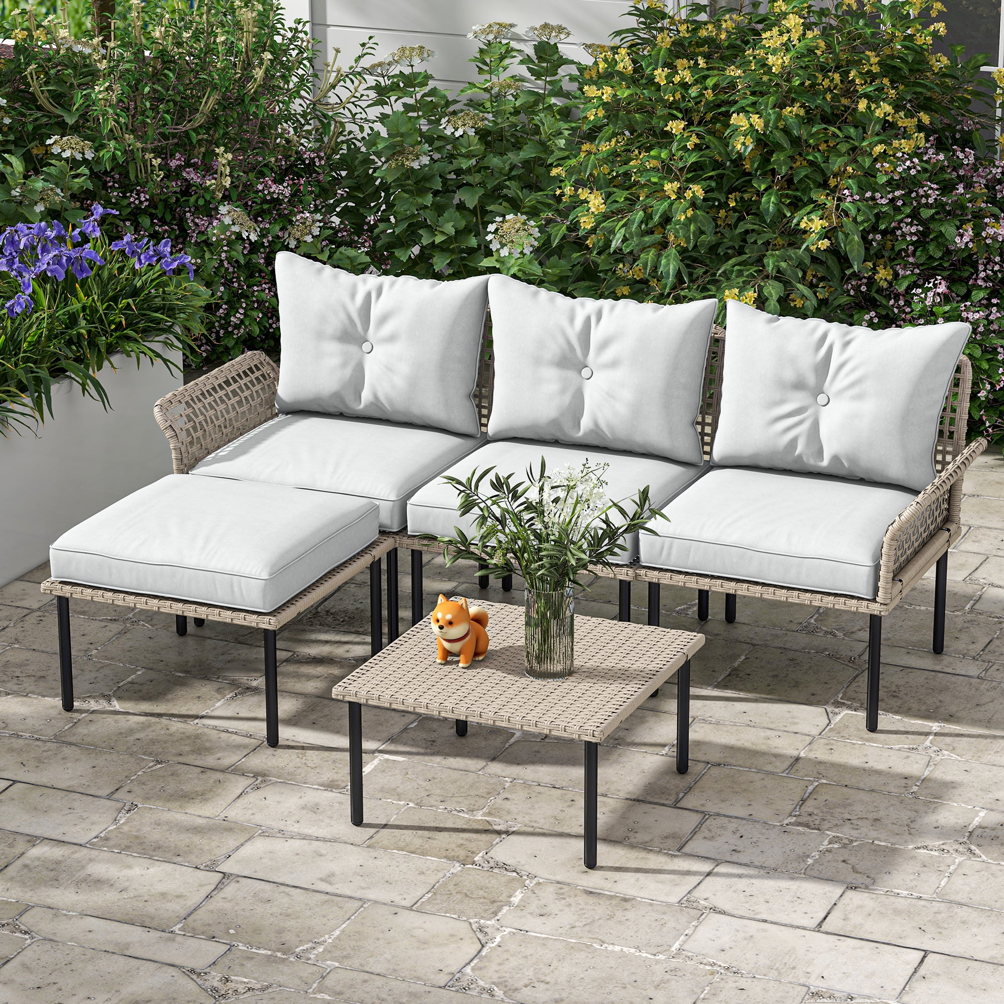 Outsunny 5 PCs Patio Furniture Set with Sofa, Chaise Lounge, Table, Cream