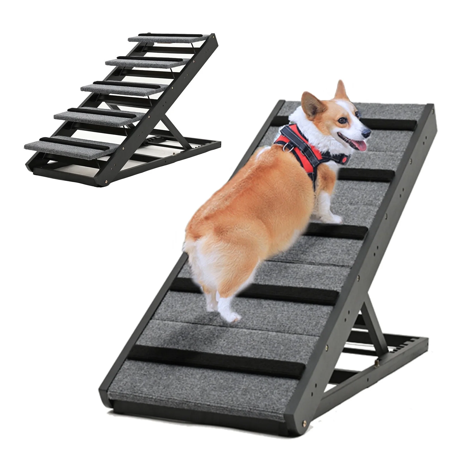 Lilypelle Foldable Pet Ramp , Adjustable Wood Dog Ramp with 5 Heights,Portable Anti-Slip Dog Bed Ramp,200 lbs,Black
