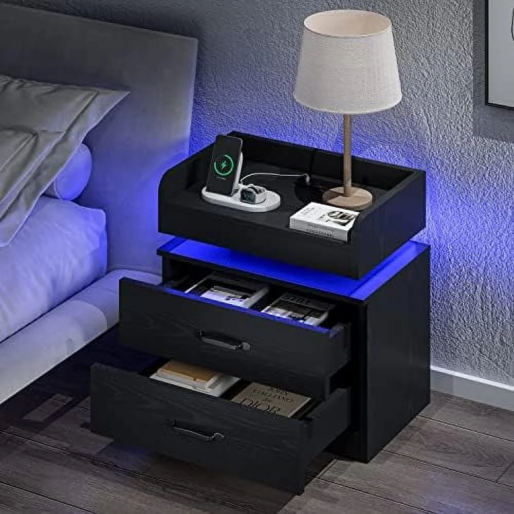 GEROBOOM LED Nightstand   Night Stands with Charging Station  White Nightstand with LED Light  Modern Nightstand with 2 Drawers  Night Stand with Large for Bedroom  Bedside Table for Livi