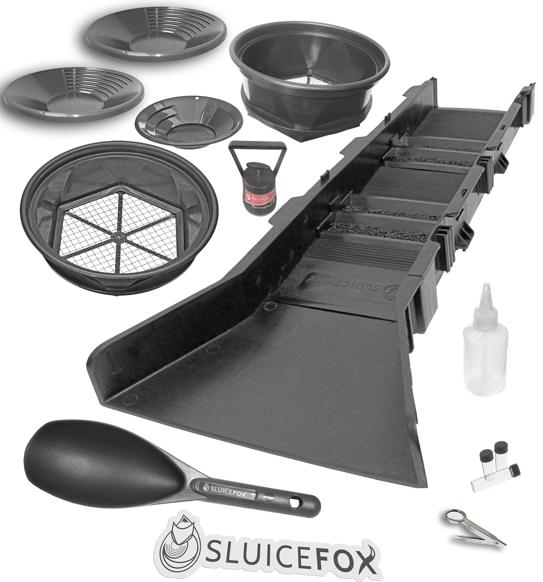 Sluice Fox 14 Piece Gold Panning Kit Sluice Box Classifiers Pans Tweezers BLACK