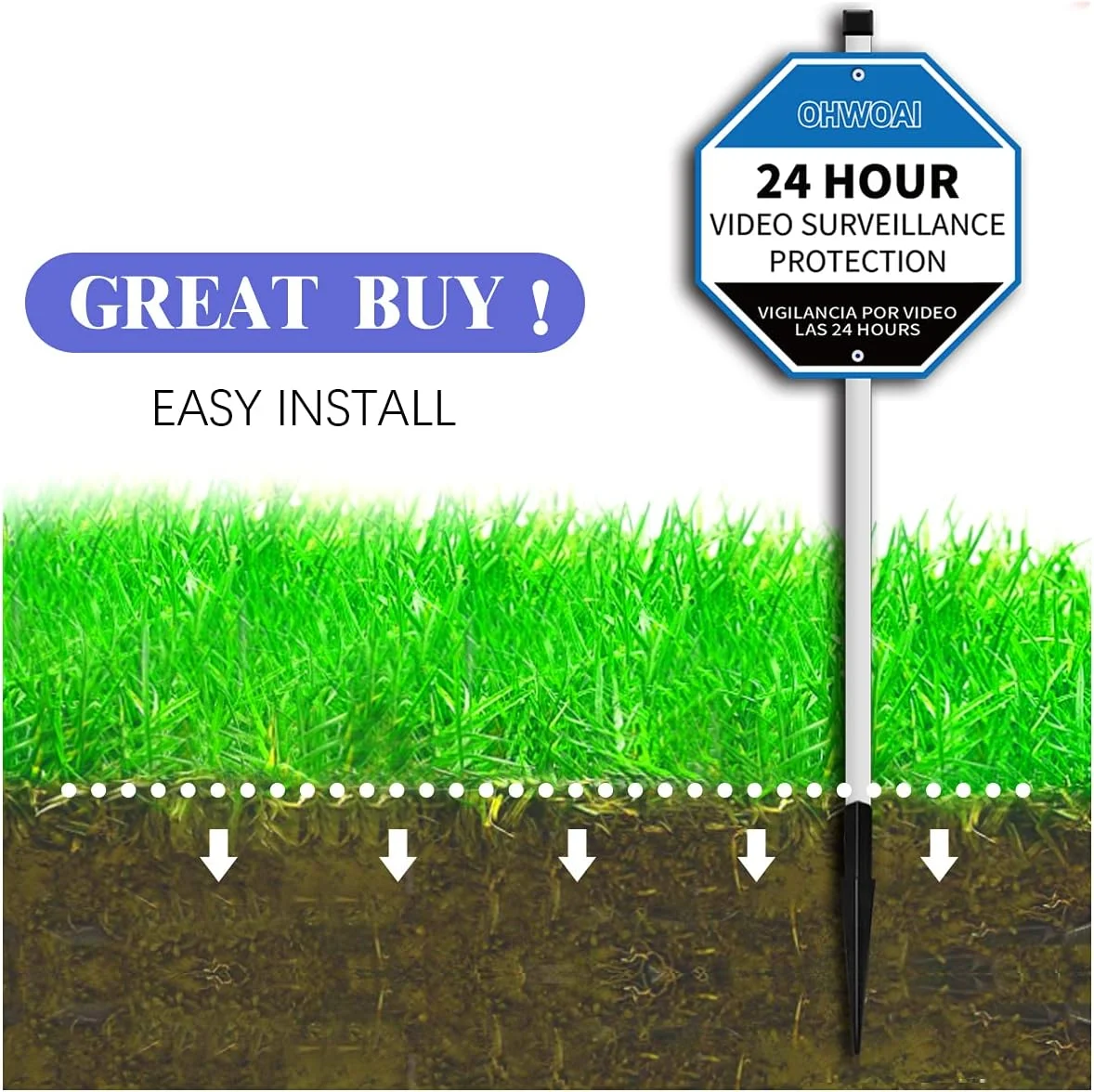 Video Surveillance Warning Sign(2 Pack),Solar Powered Deck LED Light(1 Pack),Yard Signs for Security Alert,Clip Mini Outdoor Wunder Light,Yard Security Warning Sign Spotlight,IP66 Waterproo