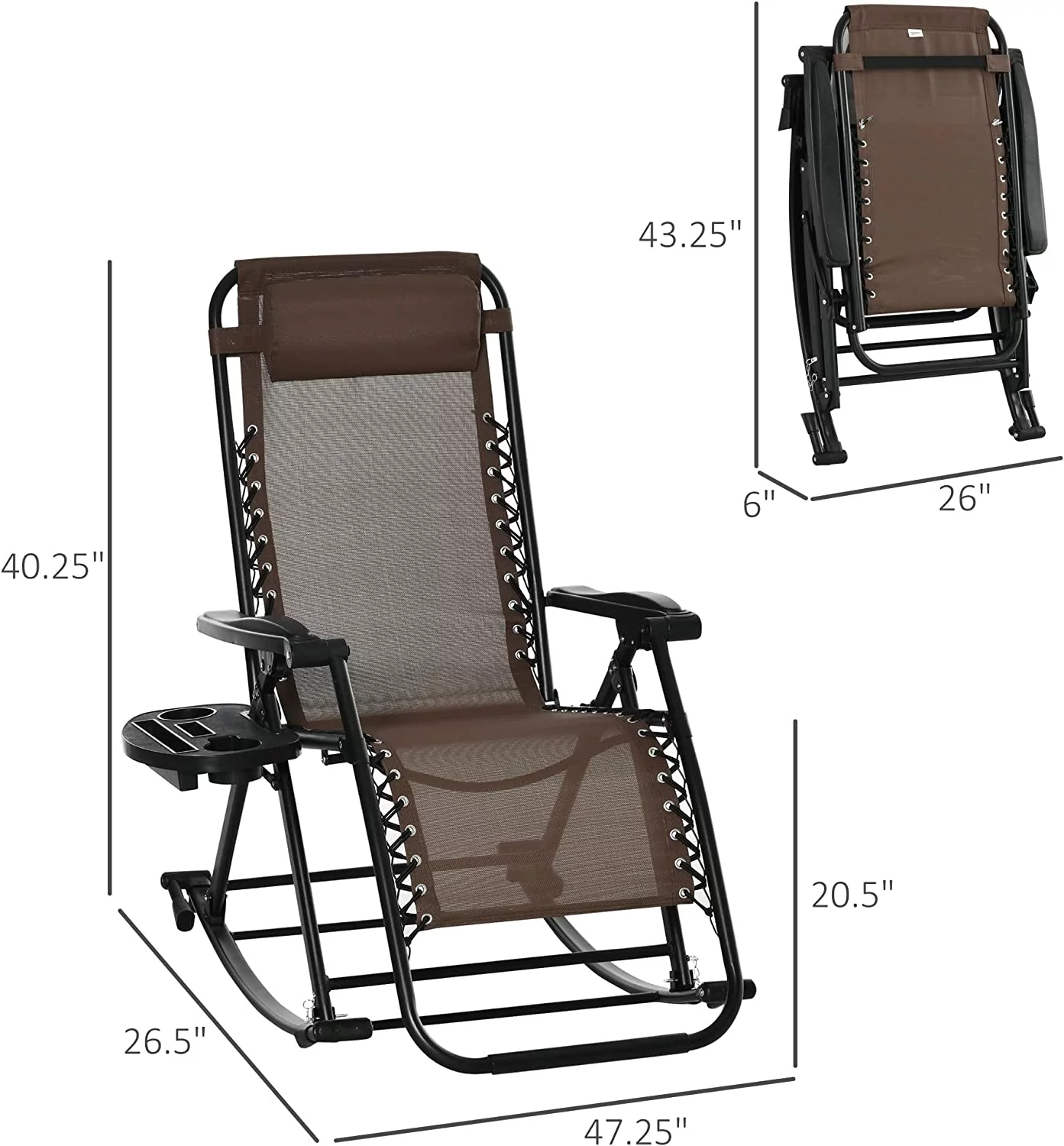 Outsunny Outdoor Rocking Chairs, Foldable Reclining Zero Gravity Lounge Rocker with Pillow, Cup & Phone Holder, Combo Design with Folding Legs, Brown