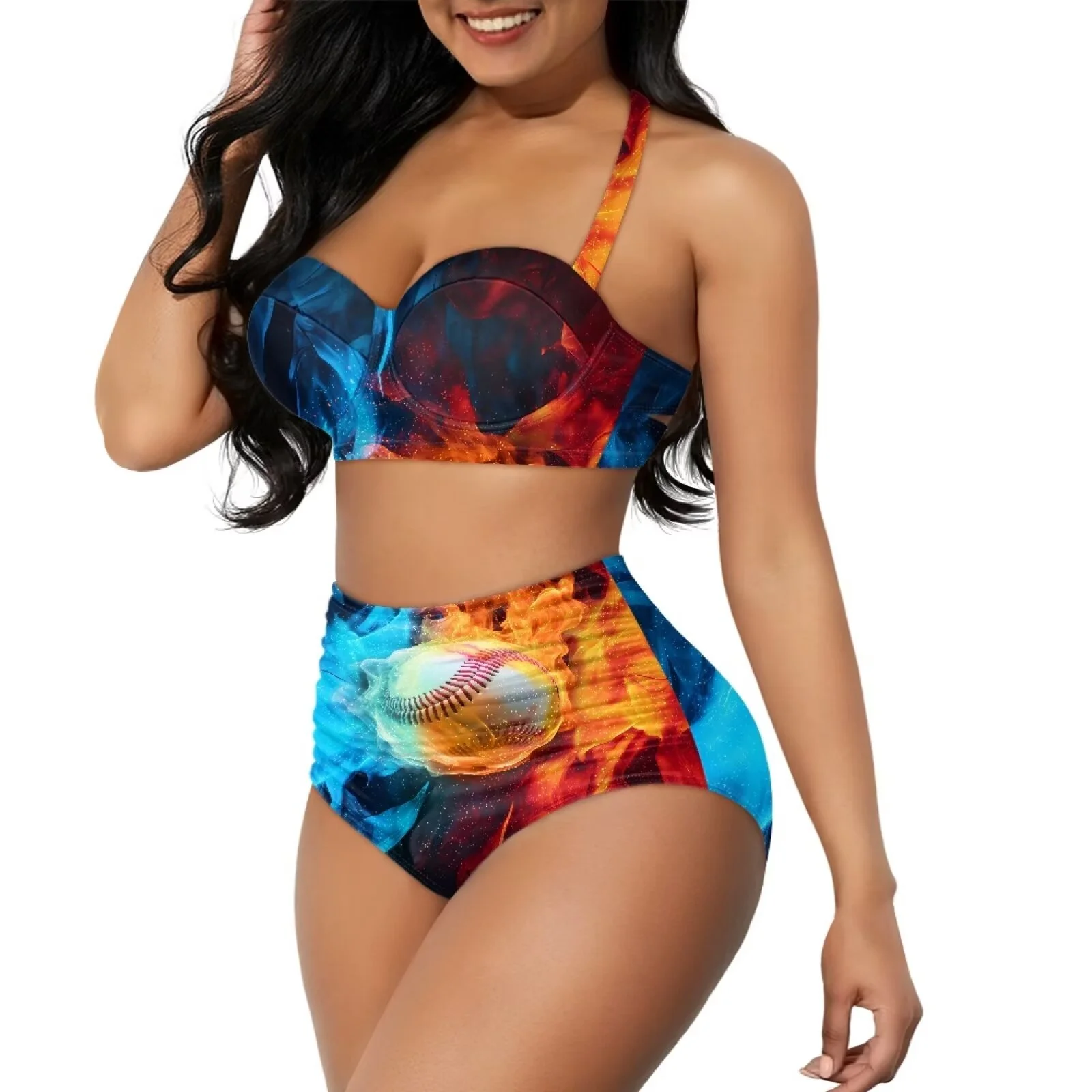 STUOARTE Fashion Bikinis for Women V Neck Halter 2 Piece Swimsuit Baseball Fire Push Up Bathing Suit Breathable Size M Beachwear with Adjustable Elastic Strap