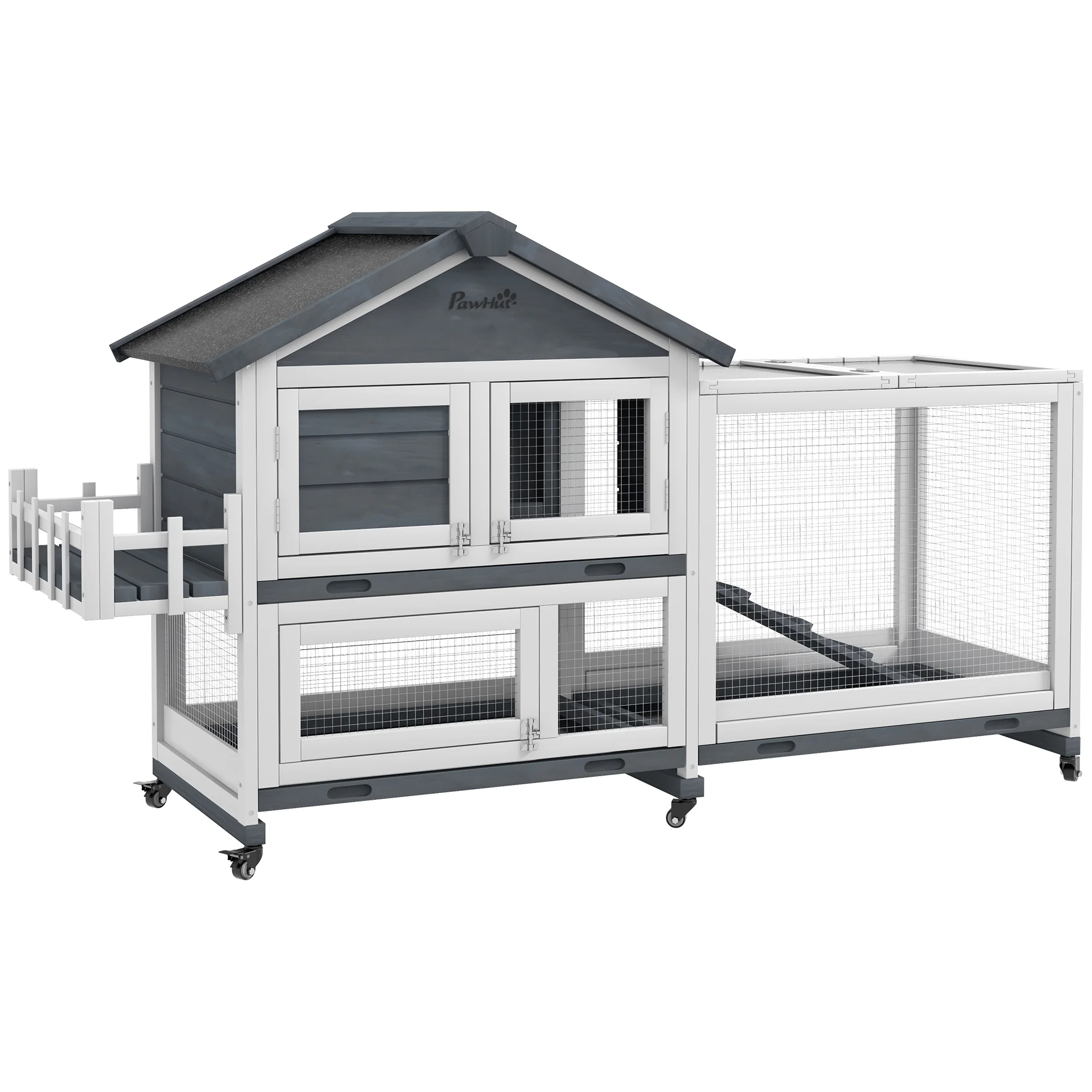 PawHut Wooden Rabbit Hutch with Wheels, Openable Roof, Storage Box, Gray