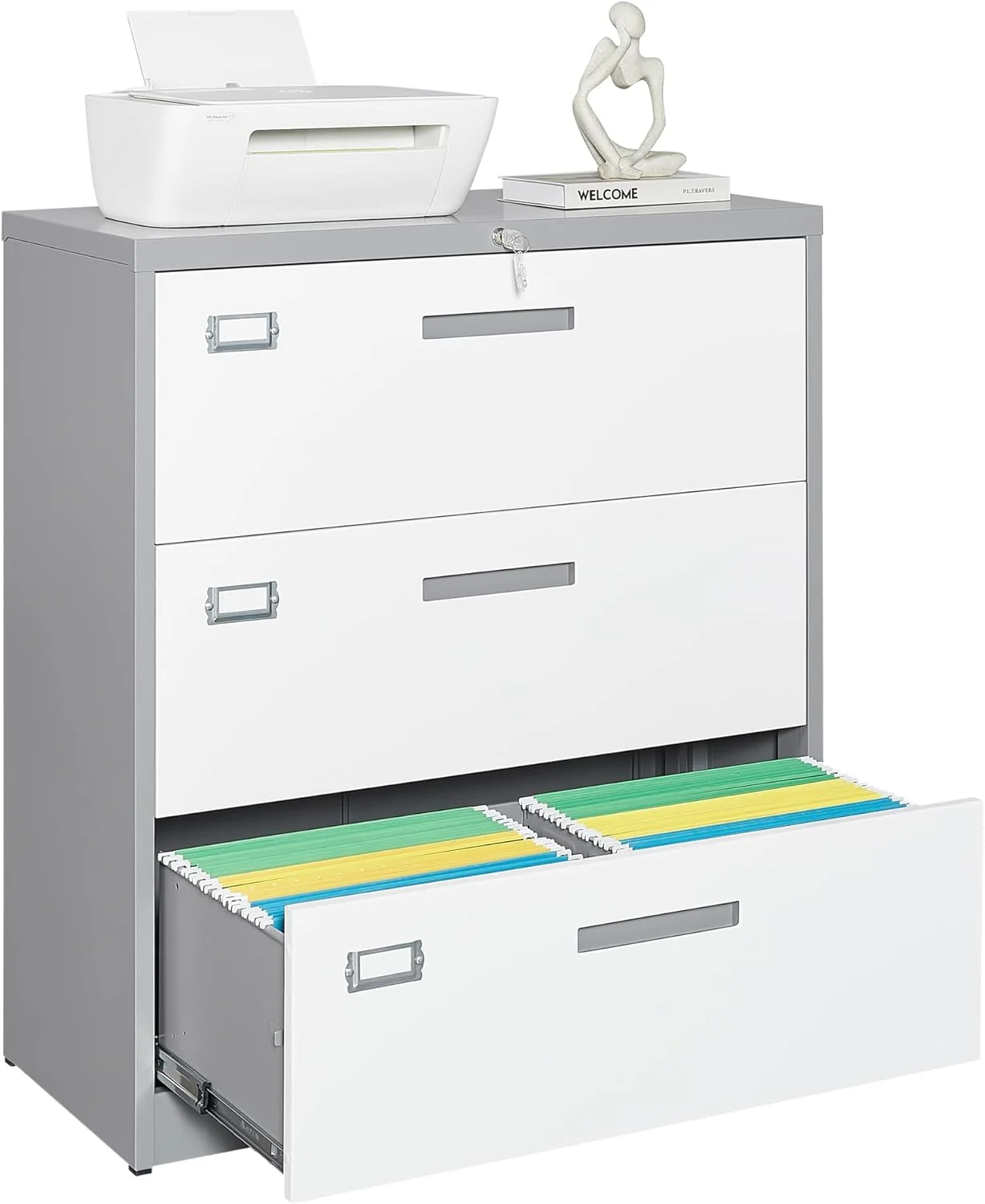 Lateral File Cabinet with Lock, 3 Drawer Metal Filing Cabinet, Lateral Filing Cabinet with Lock for Home Office, Locking Metal Steel Wide File Cabinet for Legal/Letter A4 Size