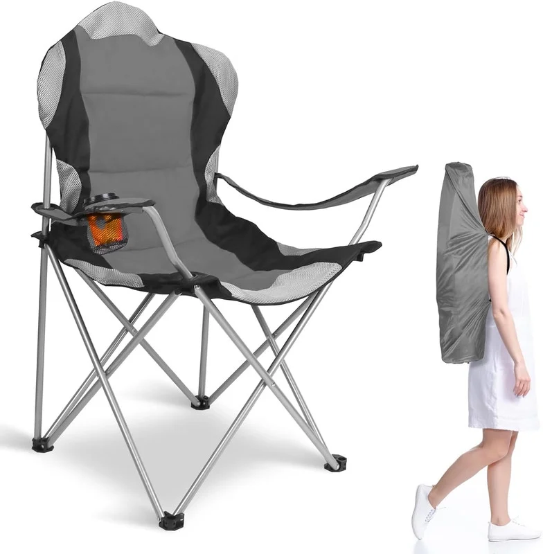 Foldable Camping Chair Heavy Duty Steel Lawn Chair Padded Seat Arm Back Beach Chair 330LBS Max Load with Cup Holder Carry Bag （Grey)