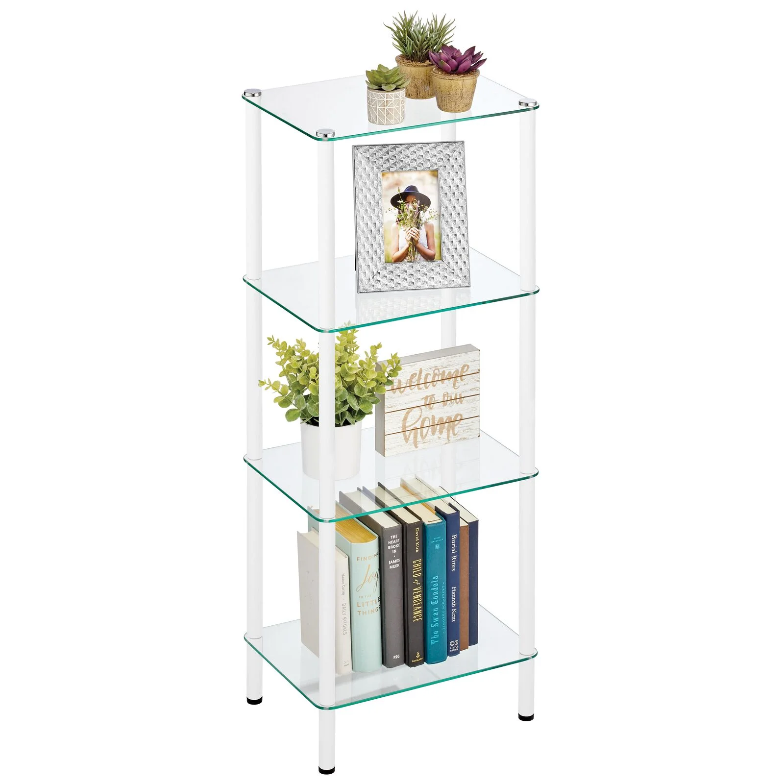 mDesign 4-Tier Glass/Metal Standing Shelf Organizer Display Unit, White/Clear