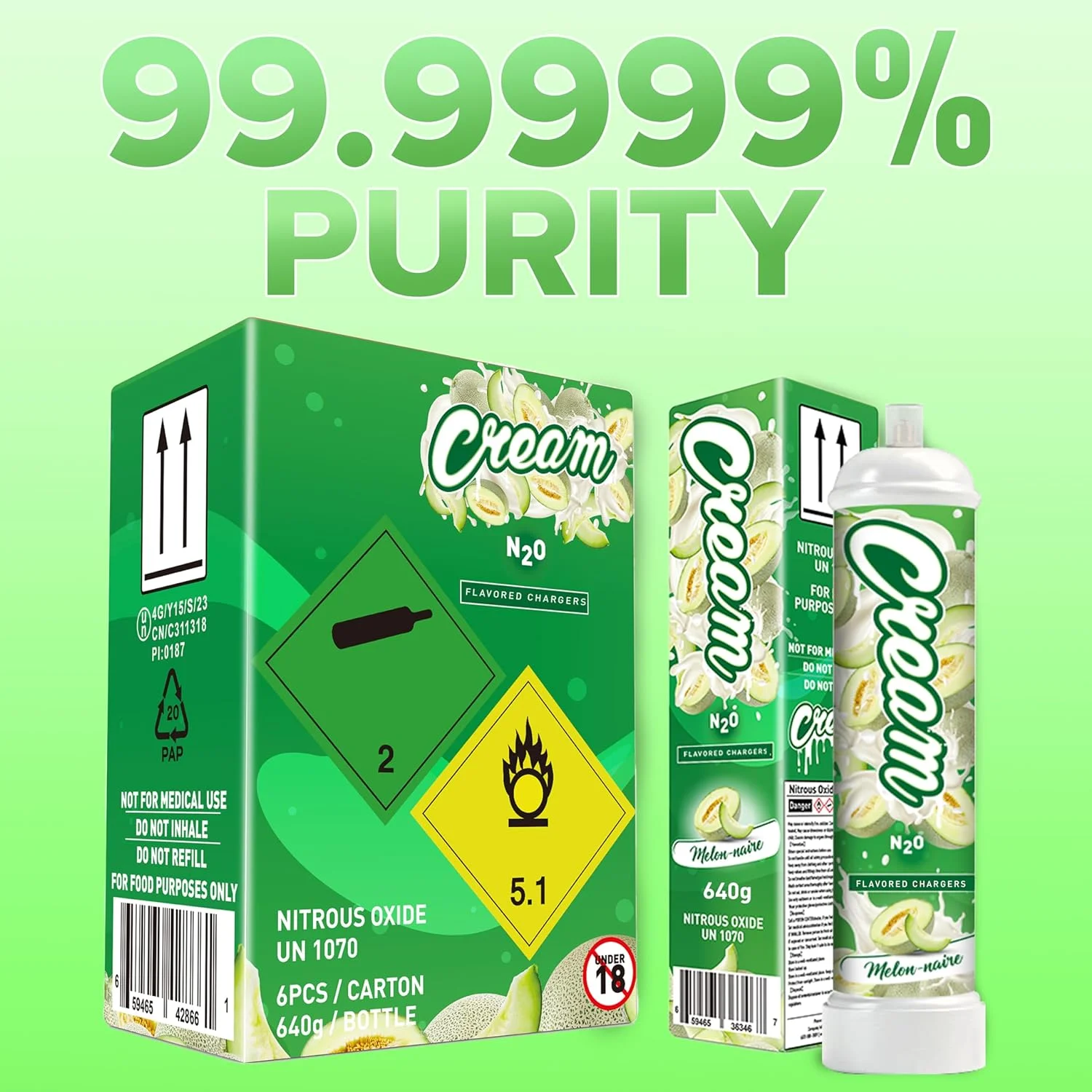 CREAM N2O Nitrous Oxide Whipped Cream Charger (Melon, 1pc, 640g 1.1L) - Nitrous Tank Whip Cream Charger, Nitrous Oxide Canister, N20 Whipped Cream Chargers, Whip It NO2 Cartridges, Nitrous Oxide Tank