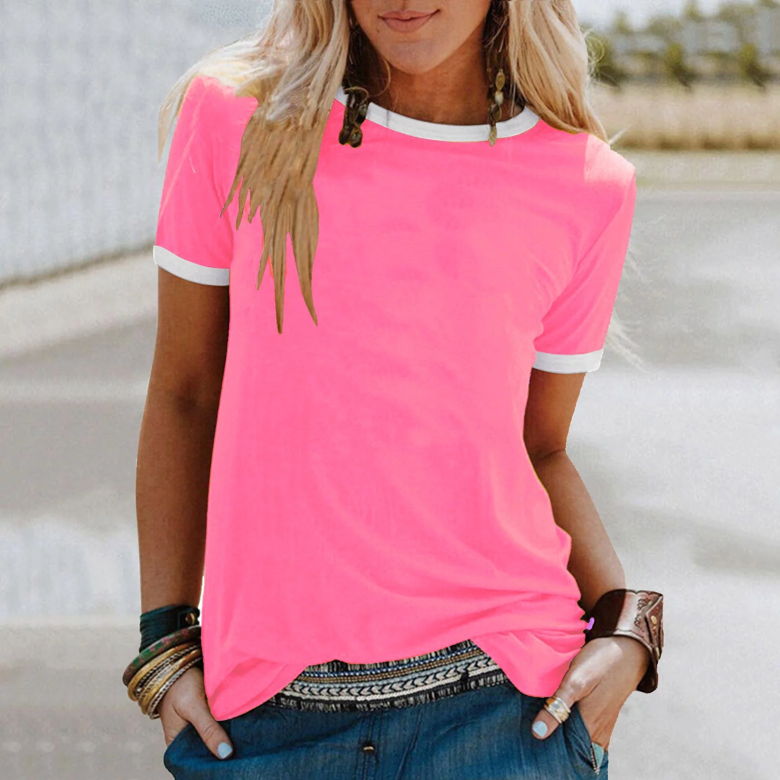 Wendunide 2024 Clearance Sales, Shirts for Women, Women Fashion Casual Print O-Neck Loose Short Sleeve T-Shirt Top Blouse Pullover Pink L