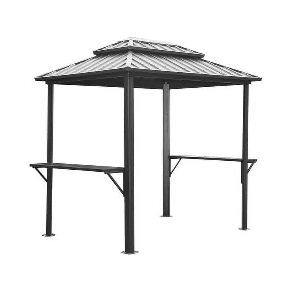 Grill Gazebo 8' × 6', Aluminum BBQ Gazebo Outdoor Metal Frame with Shelves Serving Tables, Permanent Double Roof Hard top Gazebos for Patio Lawn Deck Backyard and Garden (Grey)
