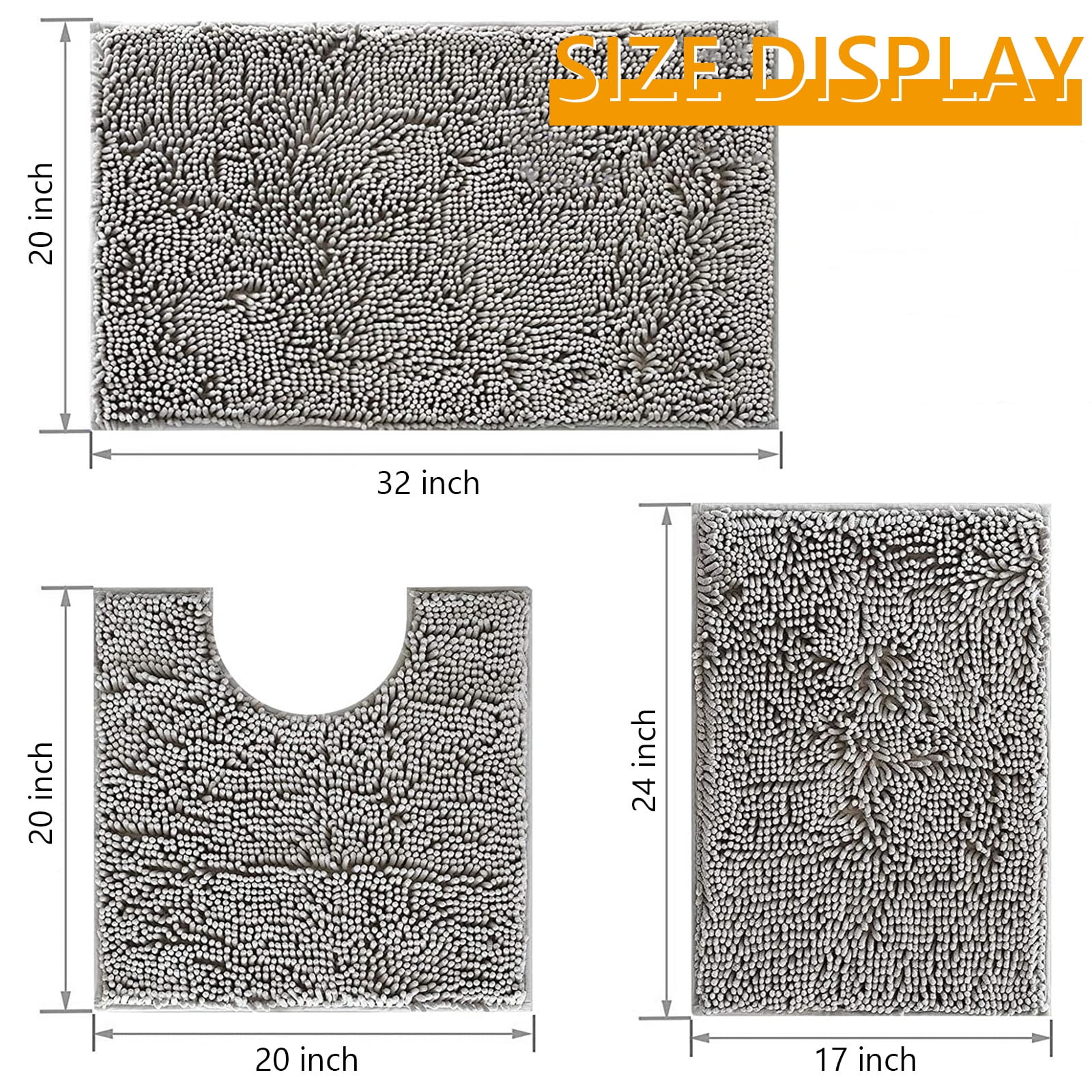 Tripumer 3 Pcs Chenille Bathroom Rug Sets Shaggy Bath Mat Set Carpet Extra Thick Soft Absorbent Bath Rugs Soft Non Slip Machine Wash Light Gray