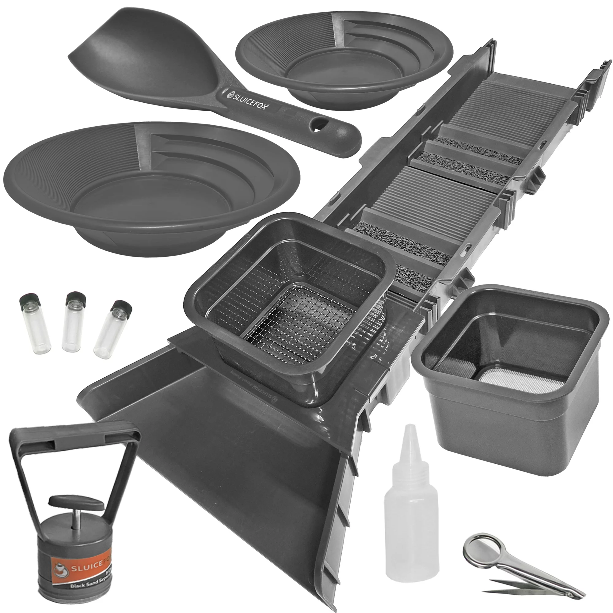Sluice Fox 31 inch Sluice Box Compact Gold Panning Kit; portable sluice box and 2 classifier sifting pans; classify while you sluice with this patented prospecting tool set (Black)