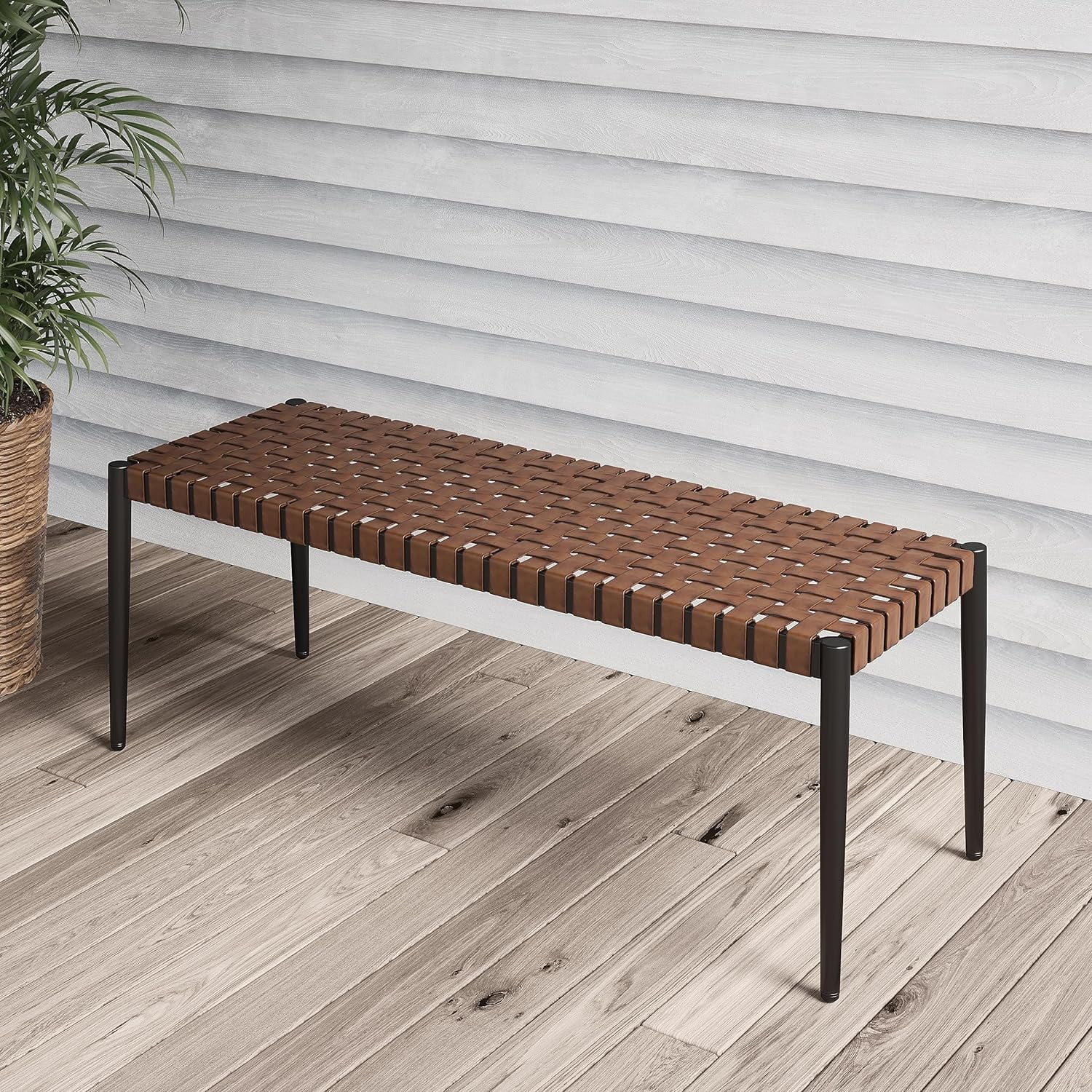 Grand patio Outdoor/Indoor Bench, Aksel 2-Seat Steel Frame Leather-Look Resin Wicker Bench with Tapered Legs, Scandinavian Style Bench for Small Front Porch Entryway Bench for Garden Dining