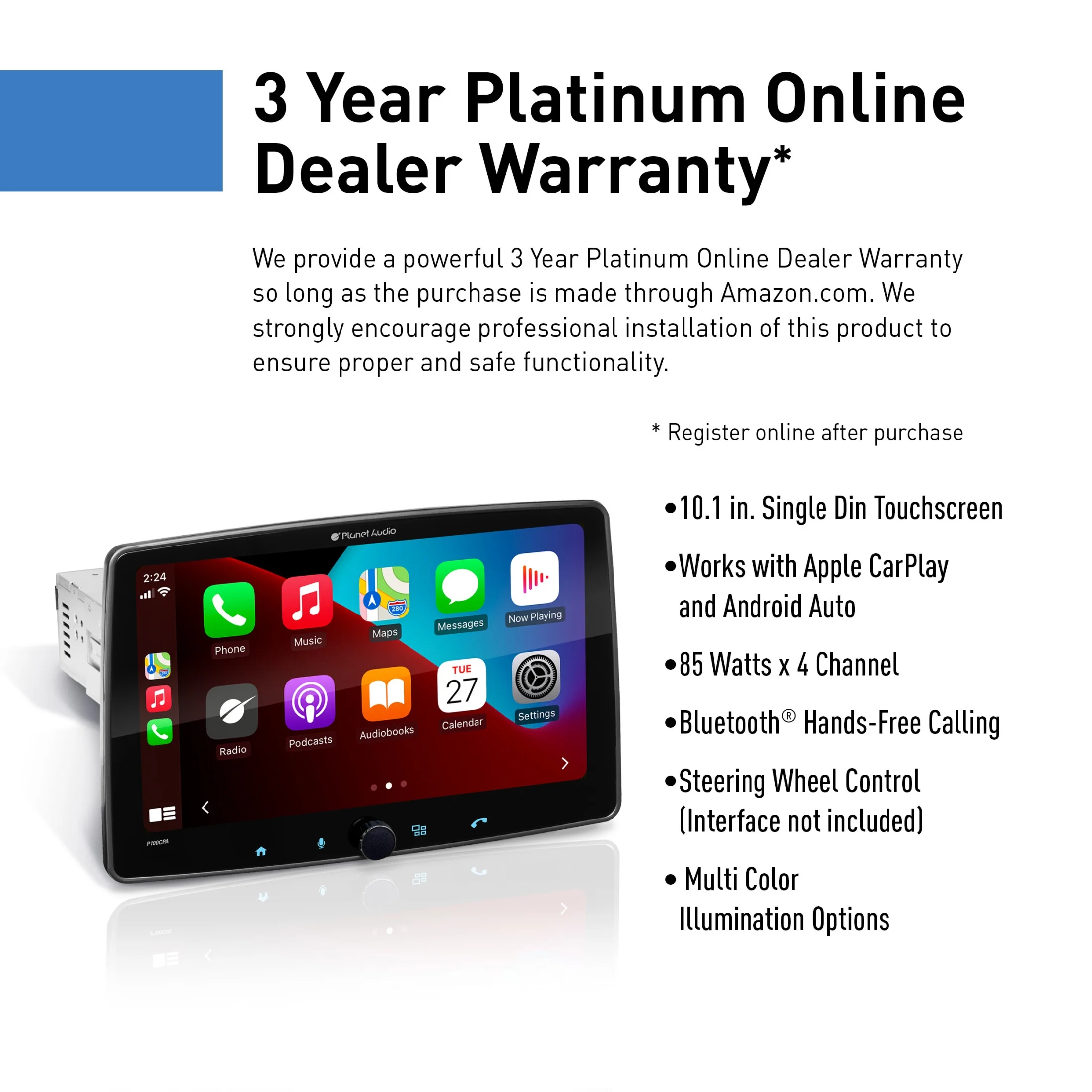 Planet Audio P100CPA Car Stereo - Apple CarPlay, Android Auto, Single Din, 10.1 Inch Touchscreen, Bluetooth, No CD DVD Player, AM/FM Radio Receiver