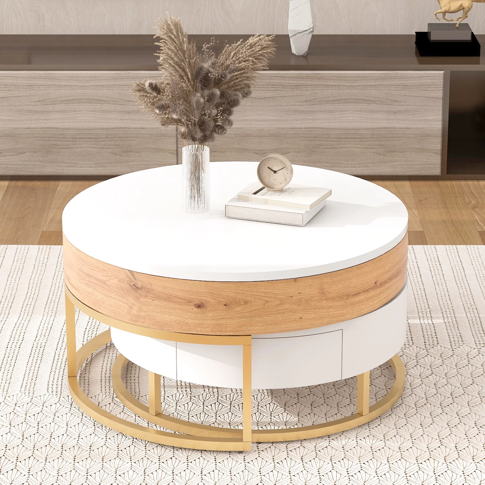 DeeHome Modern Round Lift-top Nesting Coffee Tables with 2 Drawers White & Natural