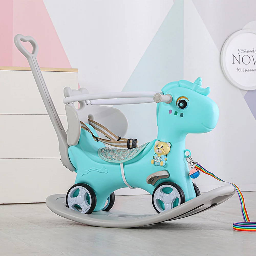 AYUQI 5 in 1 Rocking Horse for Toddlers 1-3 Years Old, Balance Bike Ride on Toys with Push Handle, Backrest and Balance Board for Baby Girl and Boy, Unicorn Theme Kids Riding Birthday (Blue)