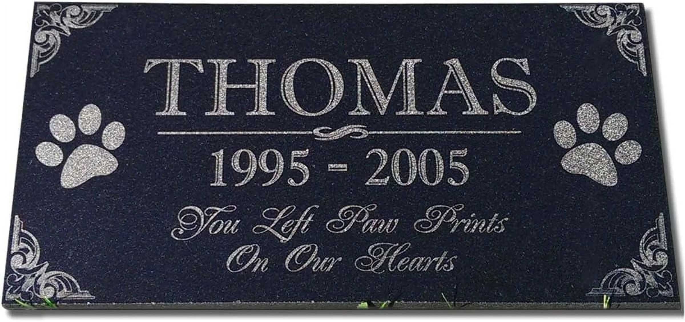You Left Paw Prints on Our Hearts Pet Memorial Stones Personalized Headstone Grave Marker Absolute Black Granite Garden Plaque Engraved with Dog Cat Name Dates