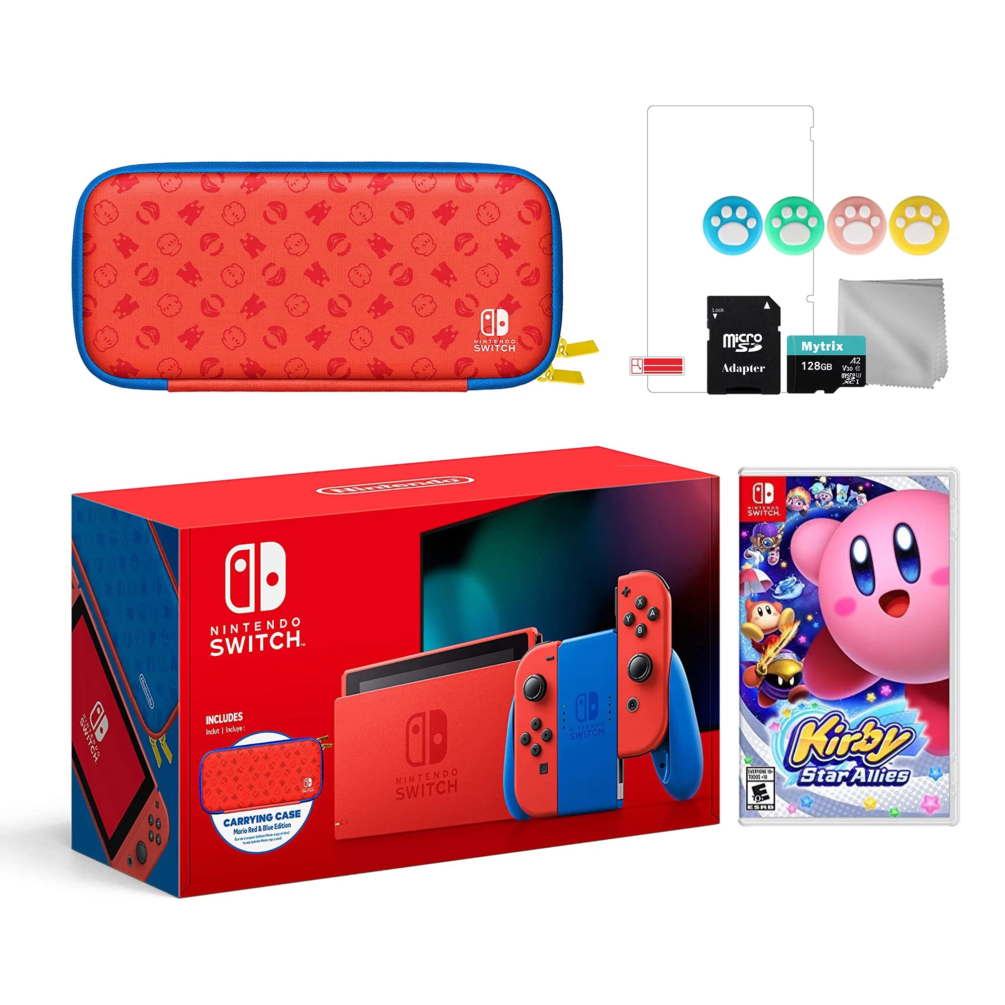 2021 New Nintendo Switch Mario Red & Blue Limited Edition with Mario Iconography Carrying Case and Screen Protector Bundle With Kirby Star Allies And Mytrix Accessories