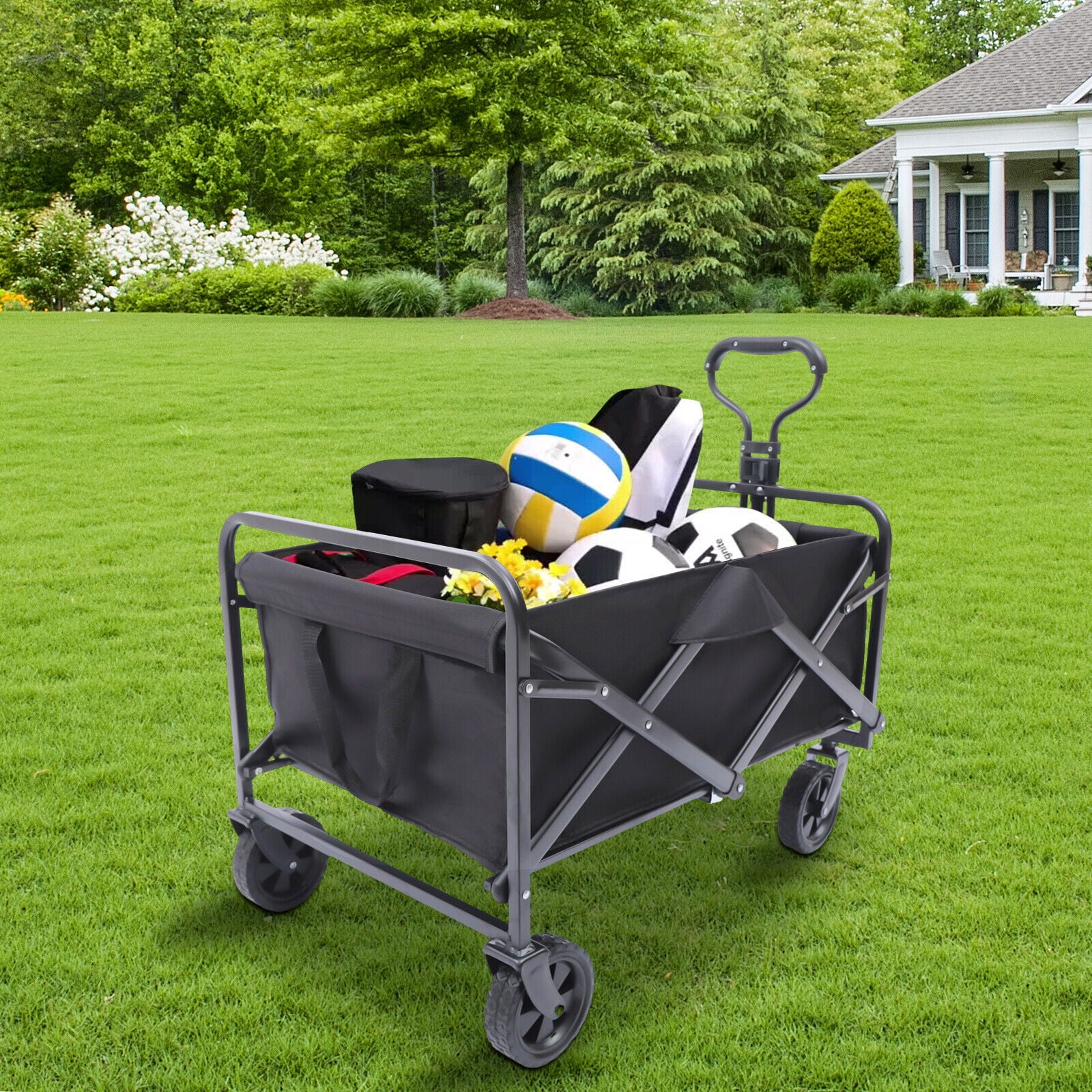 Outdoor Beach Foldable Wagon Cart - Heavy Duty Collapsible Utility Cart w/Wheels for Garden,Black