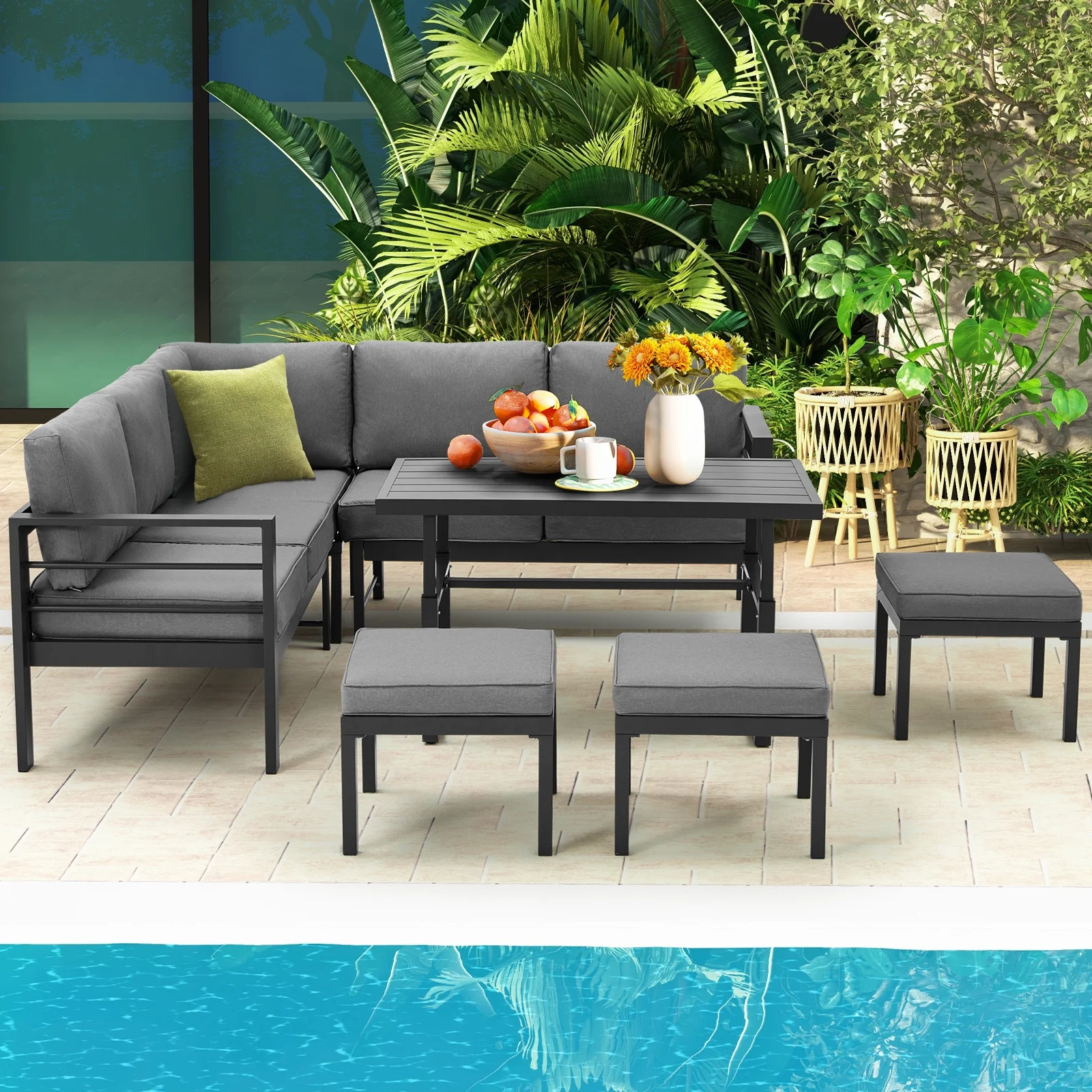 Danrelax All Weather Aluminum Frame Patio Conversation Set, 7 Pieces Outdoor Patio Furniture, Black