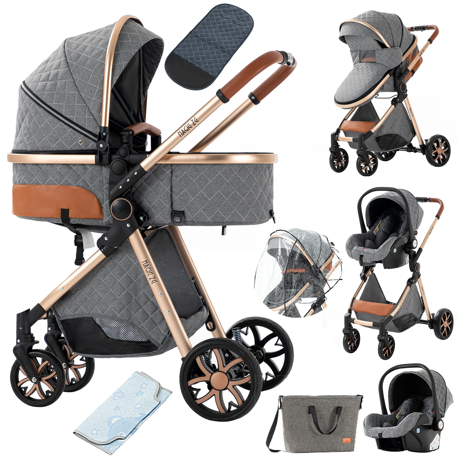 Baby 3-In-1 Luxury Stroller and Car Seat for Newborn to Toddler Support One Key Folding