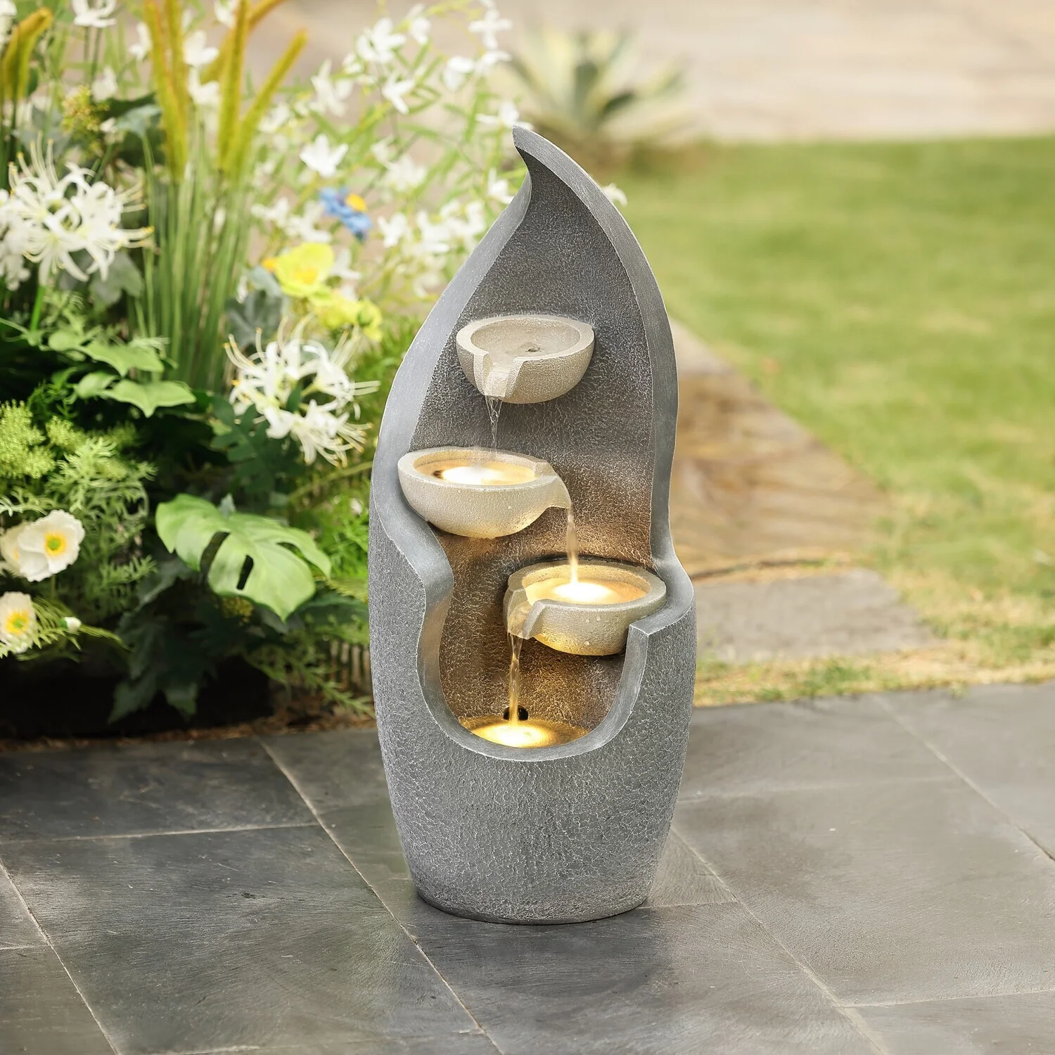 HomeStock Classic Comfort Gray Curves Cascading Bowls Resin Outdoor Fountain With Led Lights