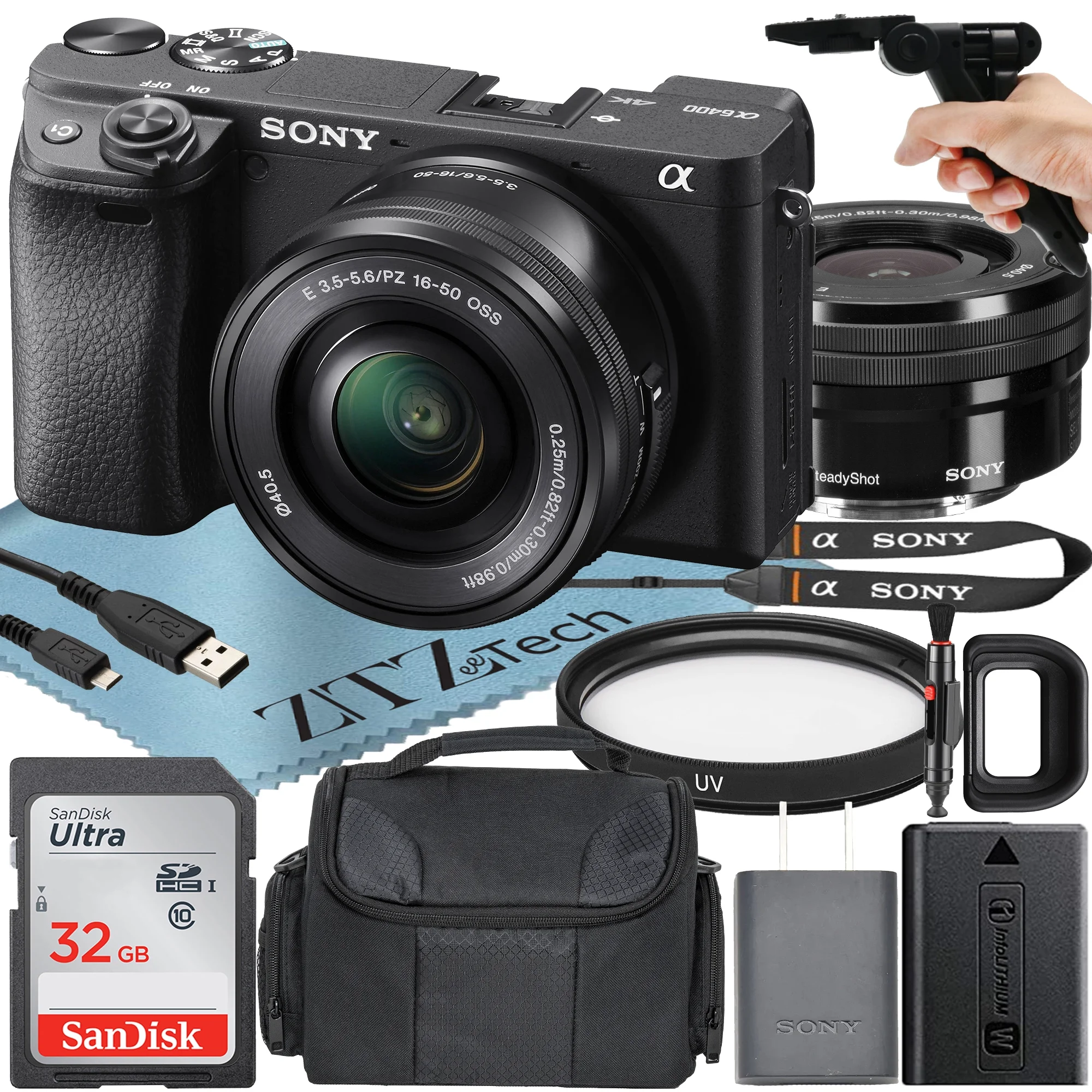Sony Alpha a6400 Mirrorless Digital Camera with 16-50mm Lens + SanDisk 32GB Card + Case + ZeeTech Accessory Bundle