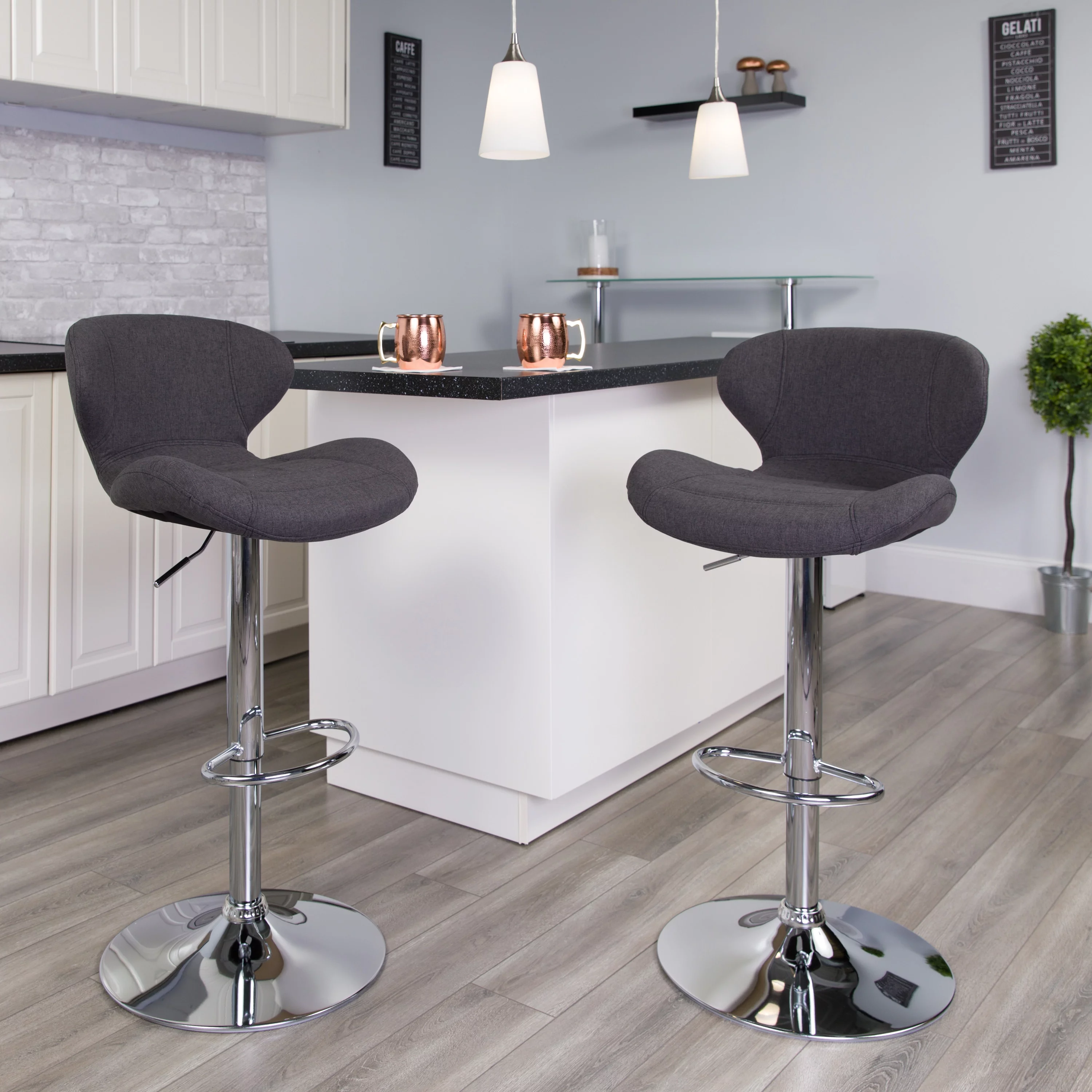 Flash Furniture Modern Low-back Height-adjustable Chrome/Vinyl Barstools (Set of 2) Grey Fabric