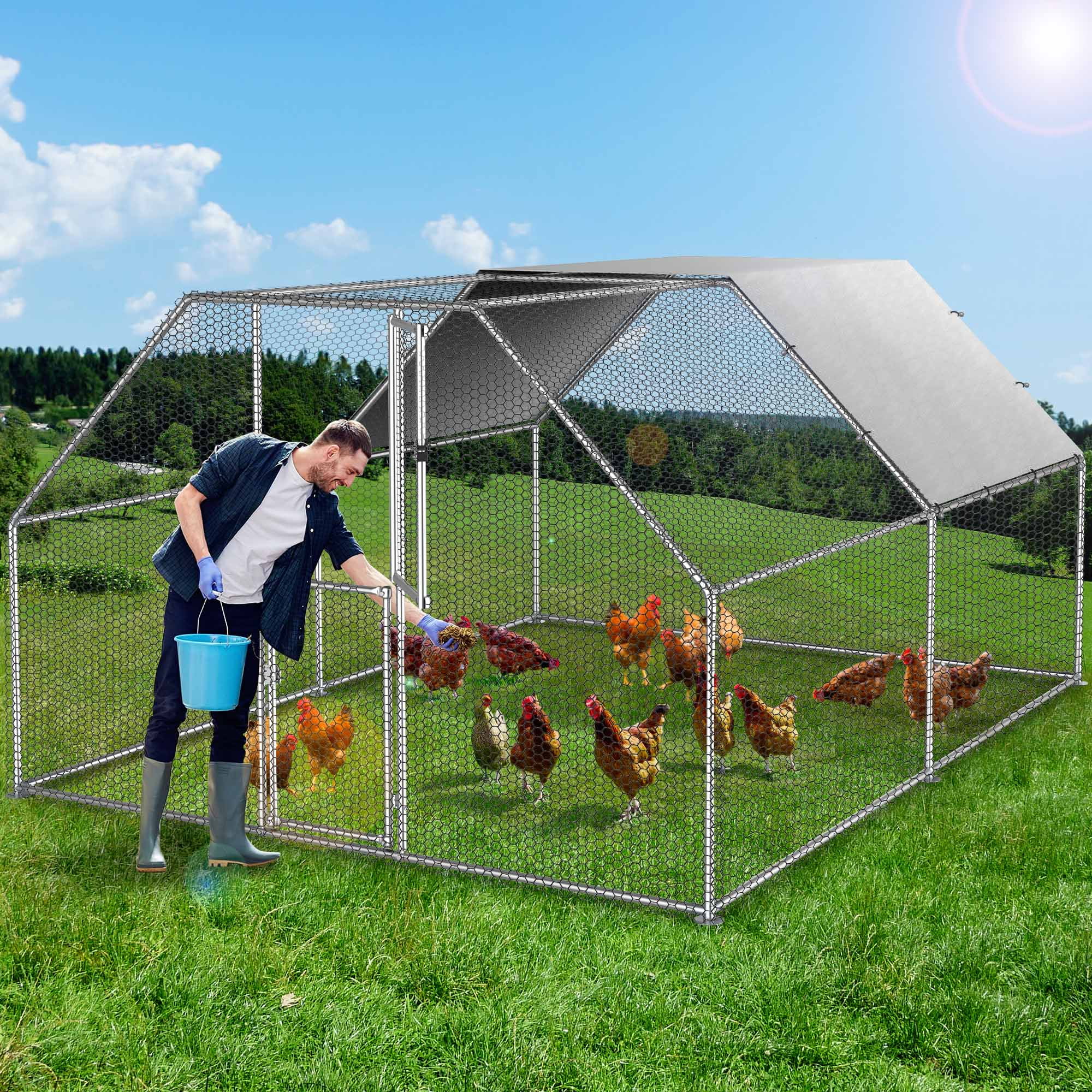 Dextrus Chicken Run Coop 13.1 x 9.8 x 6.4 ft Large Metal Chicken Coop Spire Shaped, Walk-in Hen Cage, Outdoor Poultry Cage with Waterproof Cover and Wire Mesh for Backyard,Yard Outdoor