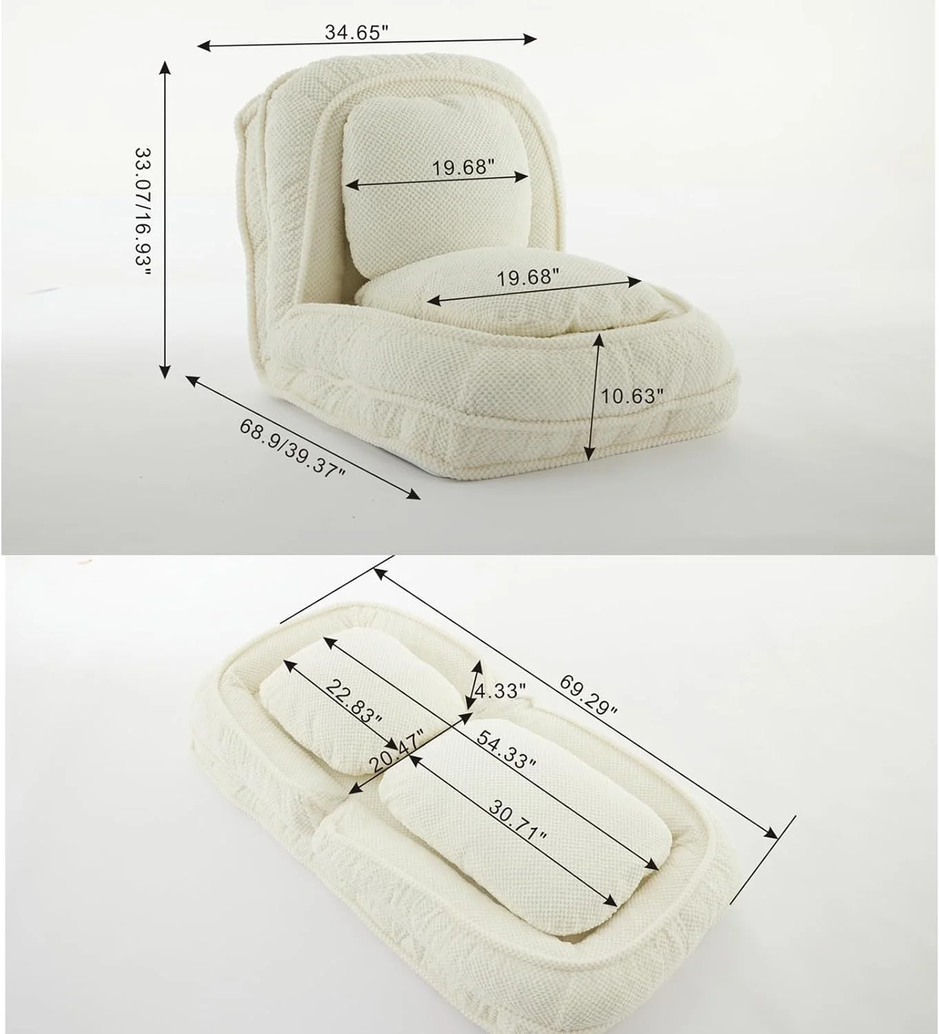 Floor Chair with Back Support, Folding Sofa Chair with 5 Adjustable Position, Plush Floor Gaming Chair, Meditation Chair for Lazy Boys, Human Dog Bed for Living Room, Bedroom, Lounge, Beige