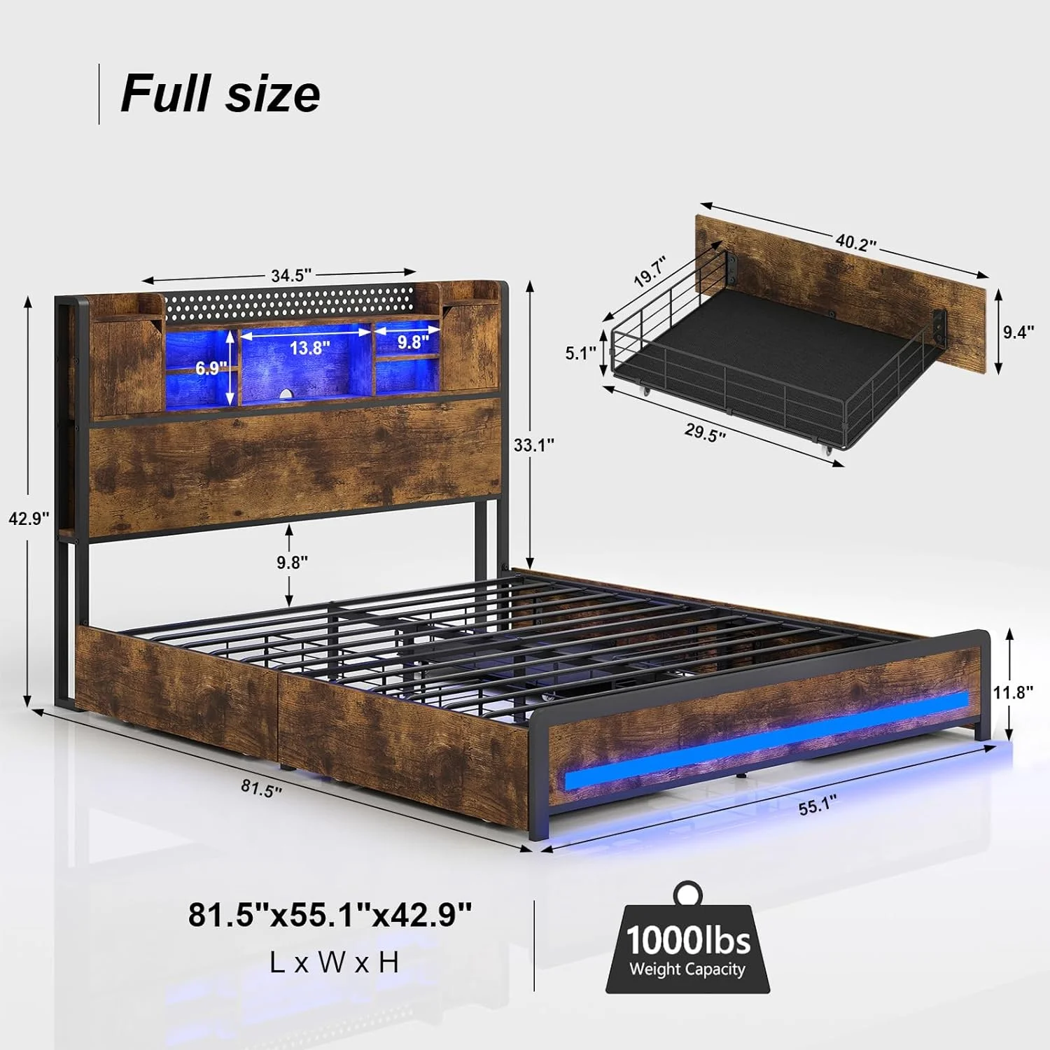 ONKER LED Bed Frame Full Size with Storage Headboard & 4 Storage Drawers, Full Bed Frame with Outlets and USB Ports, Metal Platform Bed Full with LED Lights, No Box Spring Needed, Vintage Brown