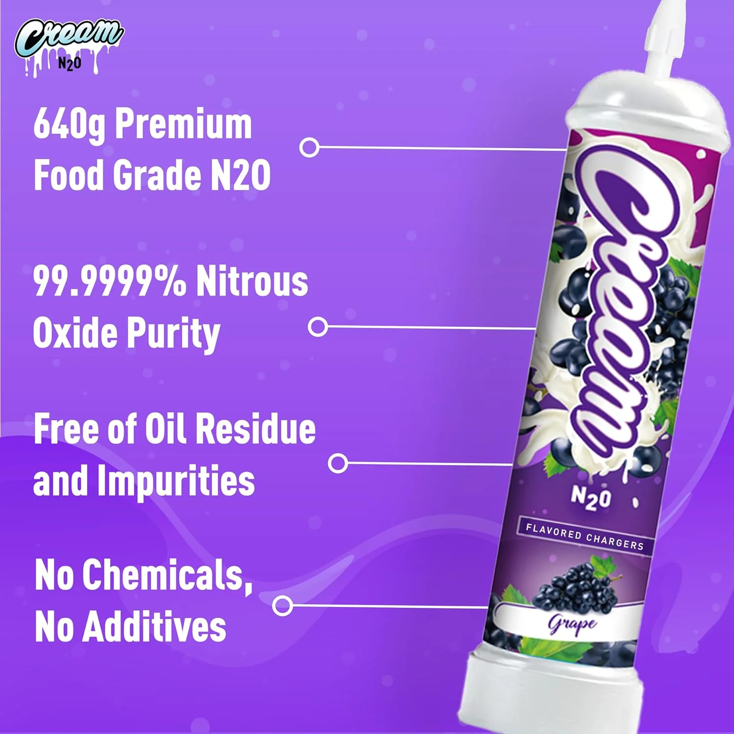 CREAM N2O Nitrous Oxide Whipped Cream Charger (Grape, 1pc, 640g 1.1L) - Nitrous Tank Whip Cream Charger, Nitrous Oxide Canister, N20 Whipped Cream Chargers, Whip It NO2 Cartridges, Nitrous Oxide Tank