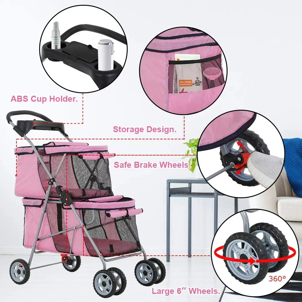 Dkelincs Double Tier Dog Stroller Cat Stroller Travel Folding Pet Stroller 4 Wheels Jogger Stroller with Removable Pad & Cup Holder, Pink