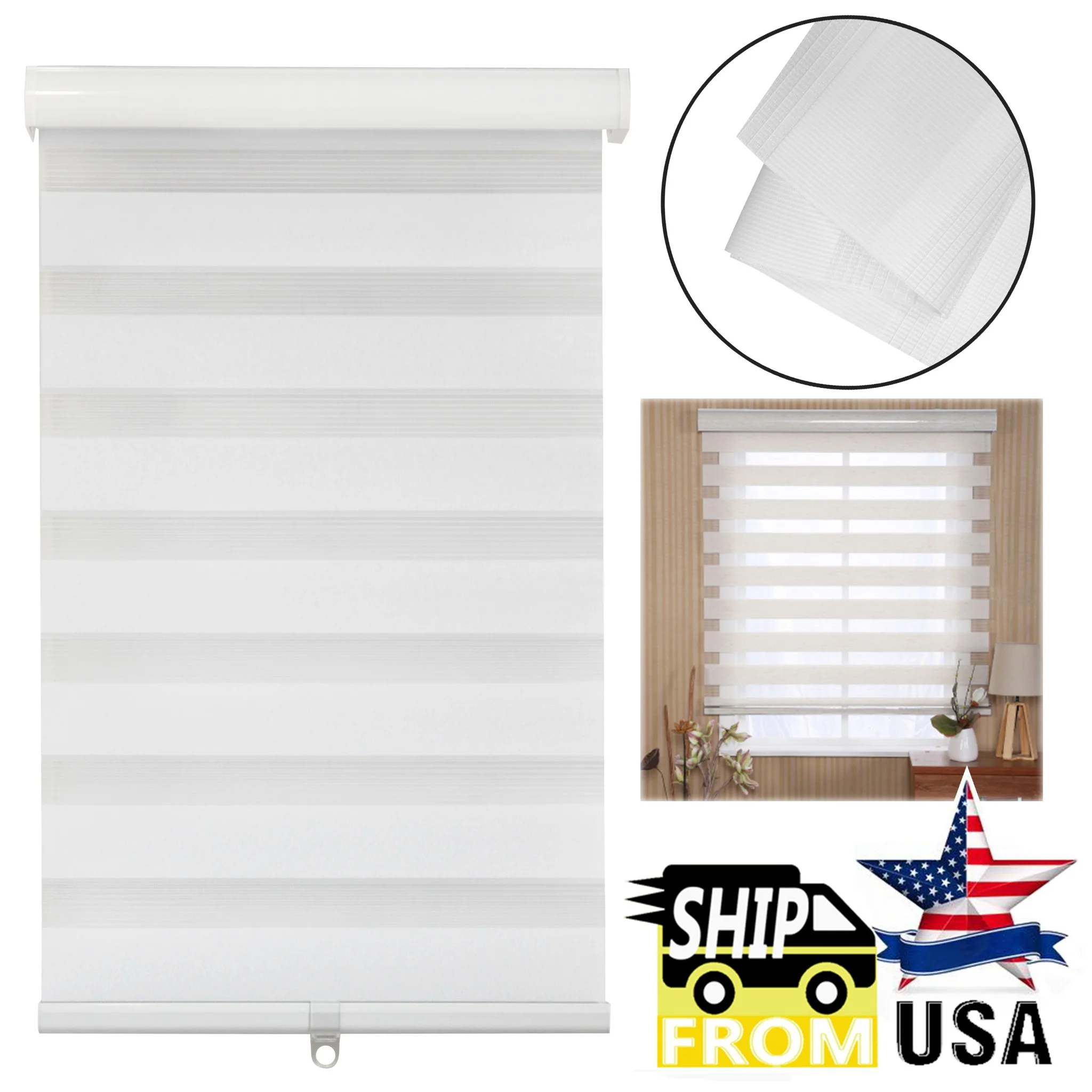 HTTMT- Zebra Roller Blinds [(W)67“ x (H)72”] White, Cordless, Dual Layer Shades, Sheer or Privacy Light Control, Day and Night Window Drapes, Easy to Install, Striped Dove [P/N: ET-ZB-W-67]