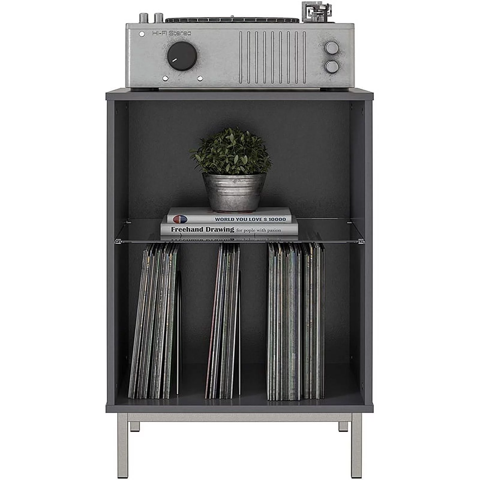 Pemberly Row Contemporary Turntable Stand in Graphite Gray